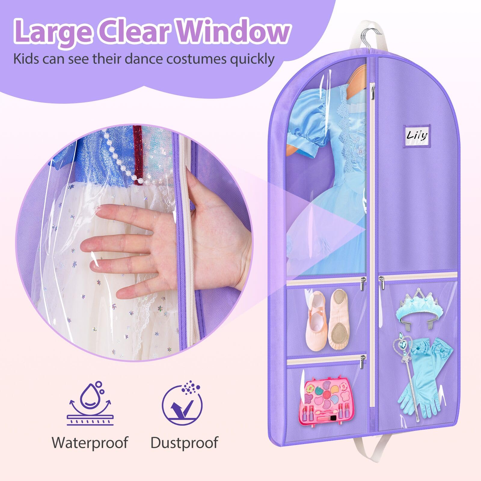 Misslo Dance Garment Bags For Dancers 40'' Garment Bags For Dance Costumes With 3 Pockets Cheer Uniform Garment Bag Hanging Kids
