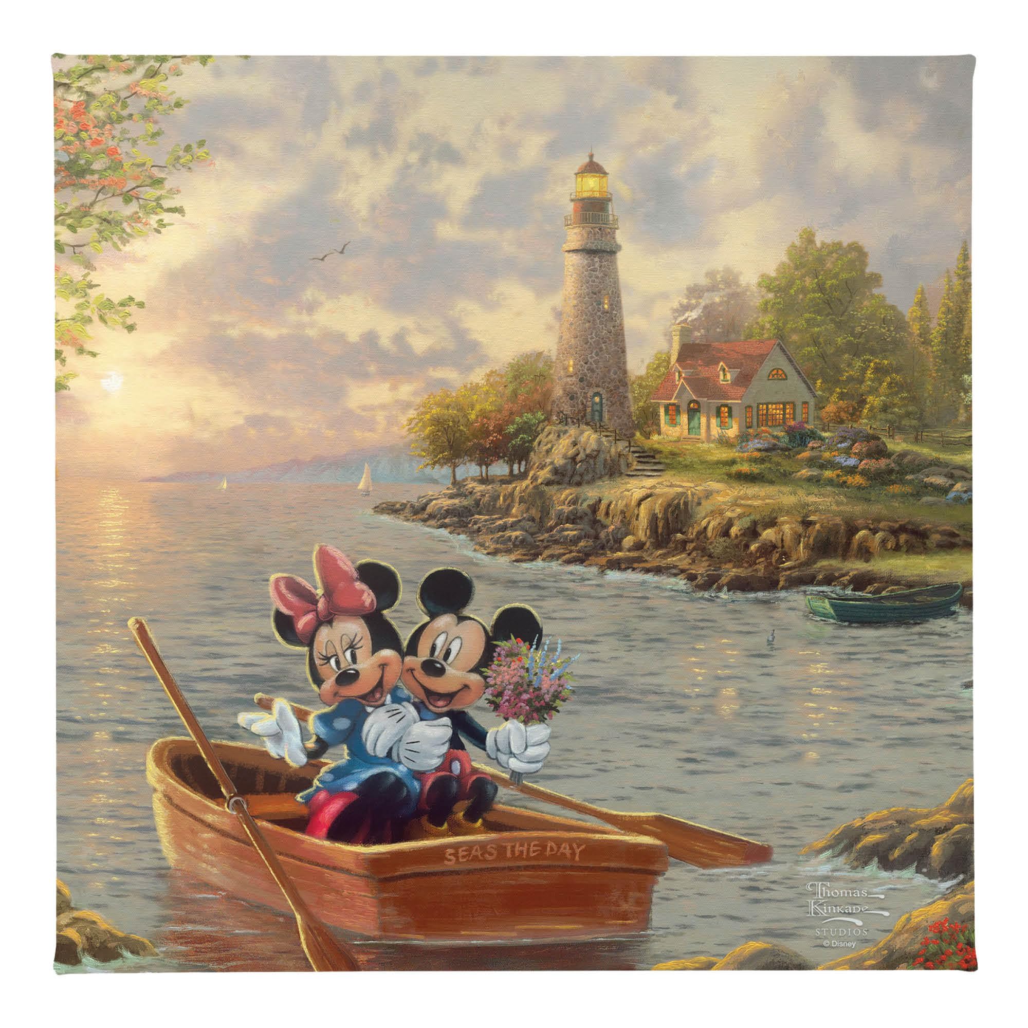 Thomas Kinkade Mickey And Minnie Lighthouse Cove 14'' X 14'' Gallery Wrapped Canvas Art | Frameless Room Wall Art | Certificate