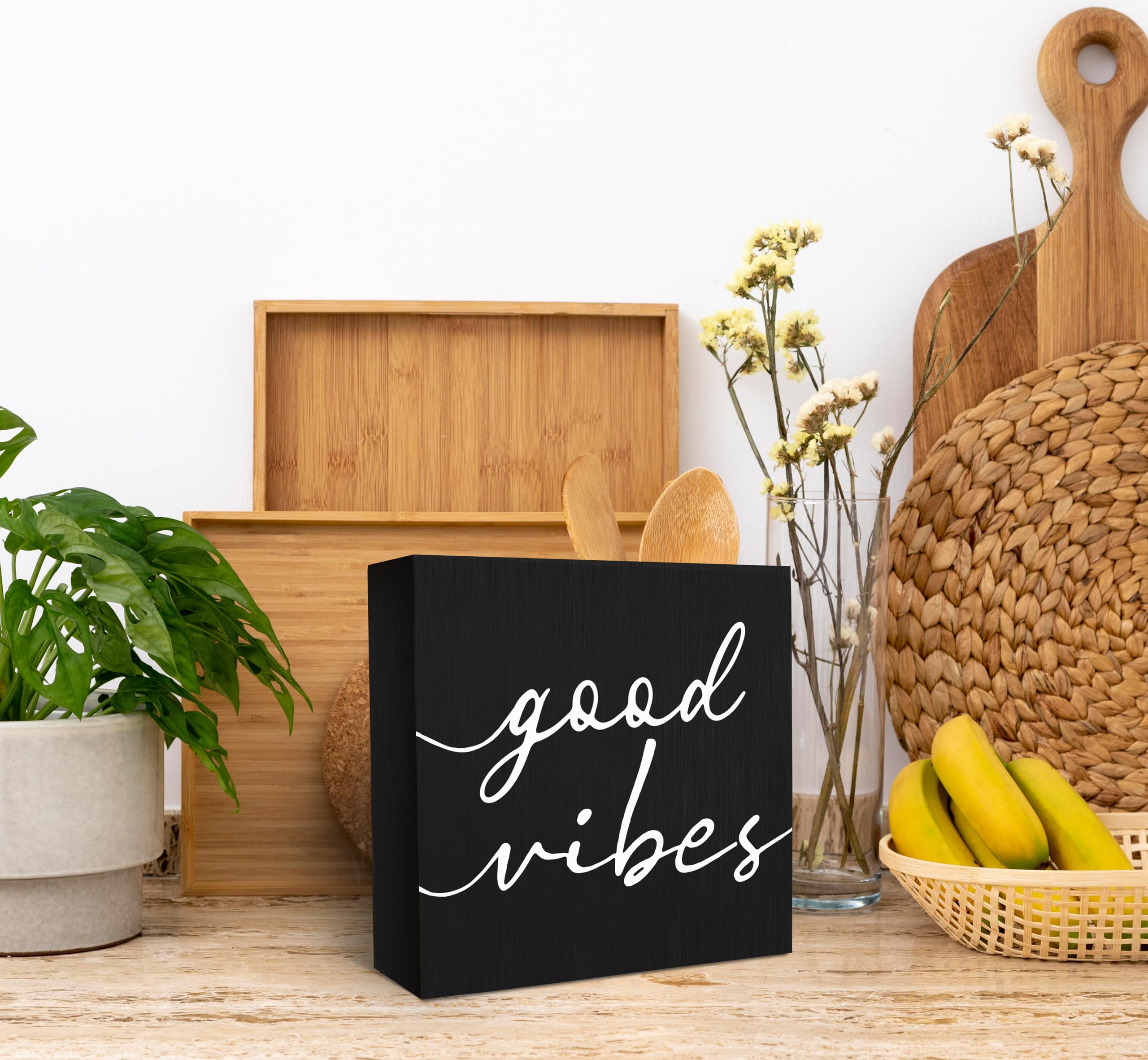 SRADMO Black and White Wood Box Sign Desk Decor 6x6, Inspirational Desk Decor Wooden Block Box Sign For Home Office Shelf Table