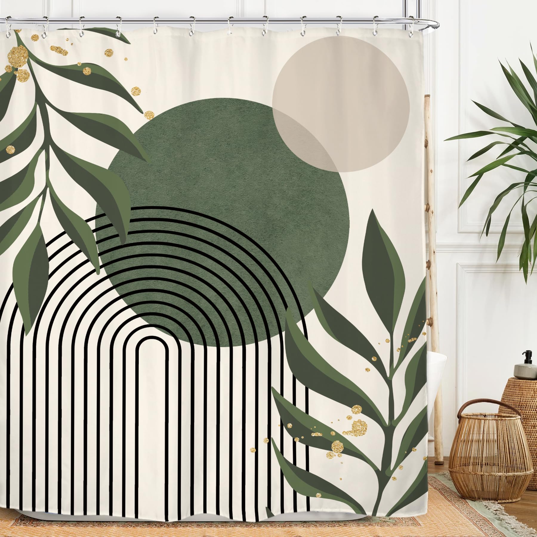 Miyotaa Green Abstract Shower Curtain Set 60Wx71H Inches Neutral Leaves Geometric Minimalist Aesthetic Plant Mid Century Modern