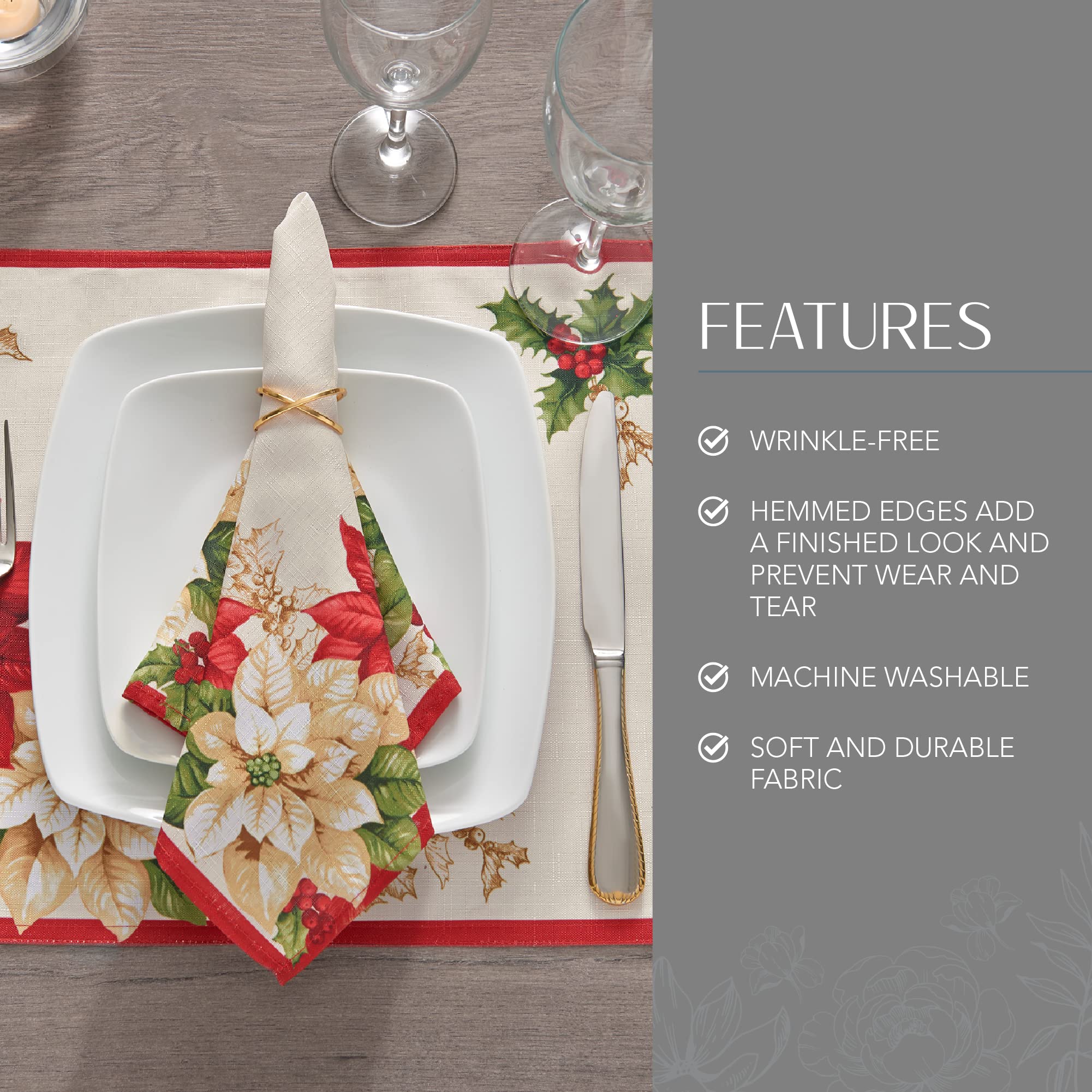 Elrene Home Fashions Red And White Poinsettia Holiday Fabric Placemats, Christmas Mats For Table Decor, 13 Inches X 19 Inches, S