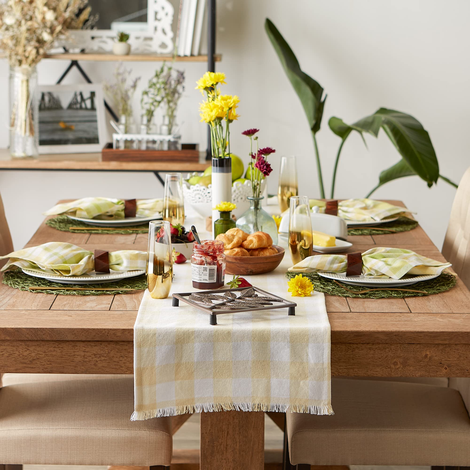 DII Heavyweight Fringed Check Tabletop Collection  Table Runner  14x72  Natural