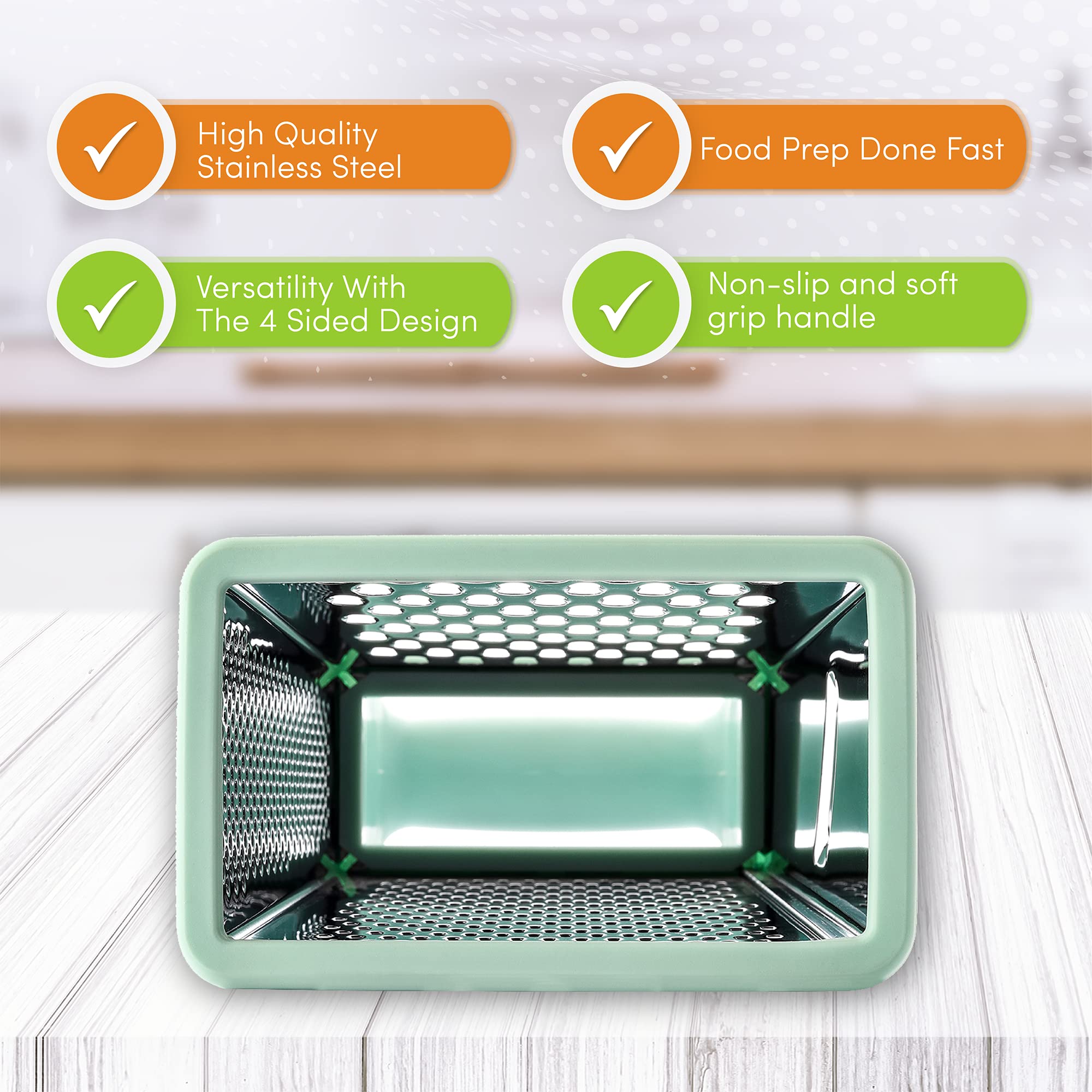 Spring Chef Box Grater - Stainless Steel, 4-Sided, Mint, 10" with Storage Container, Model A1