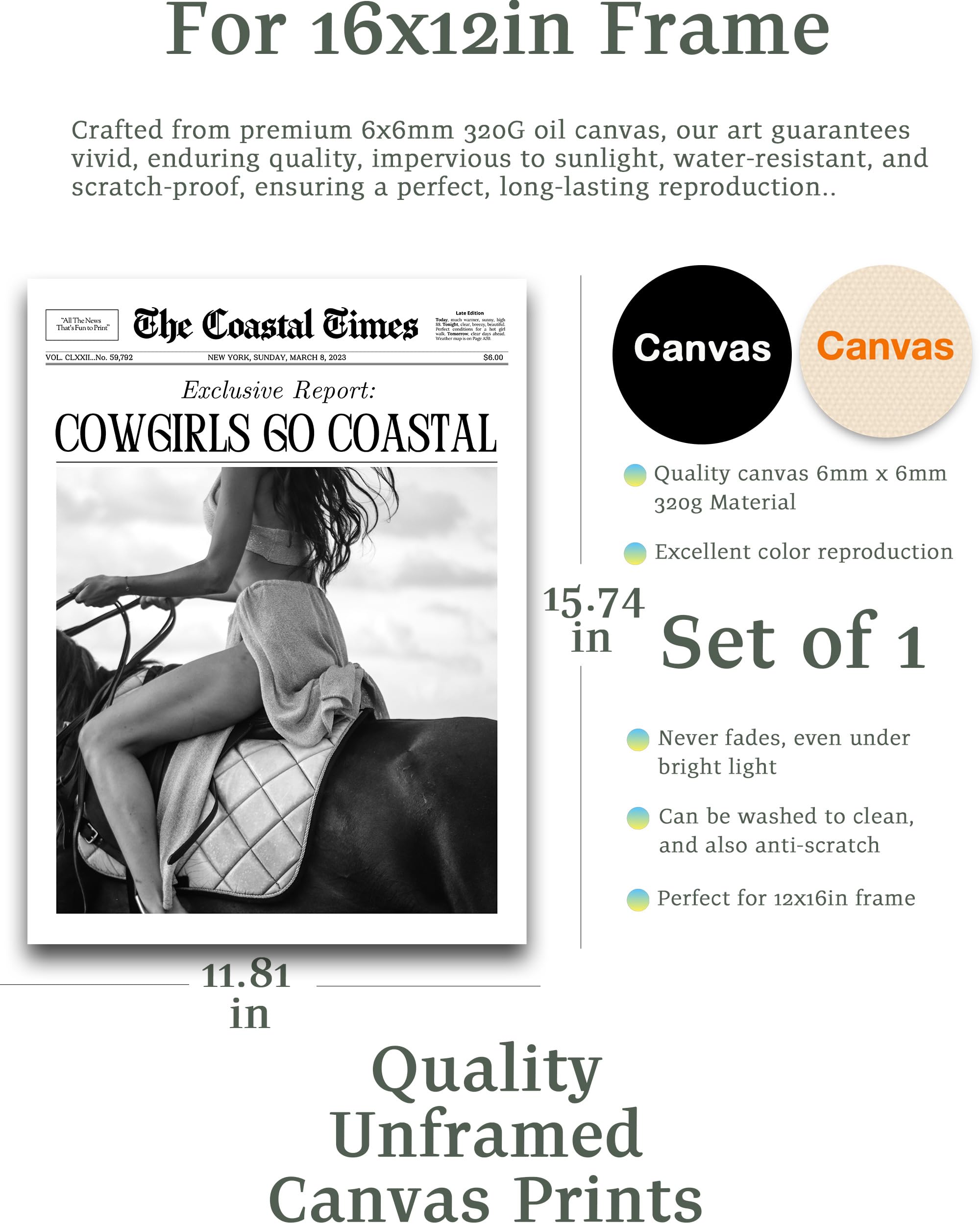 Ihery Unframed Trendy Coastal Cowgirl Newspaper Wall Art Prints,12X16In Black Canvas Wall Art Prints, New York News,Western Wall