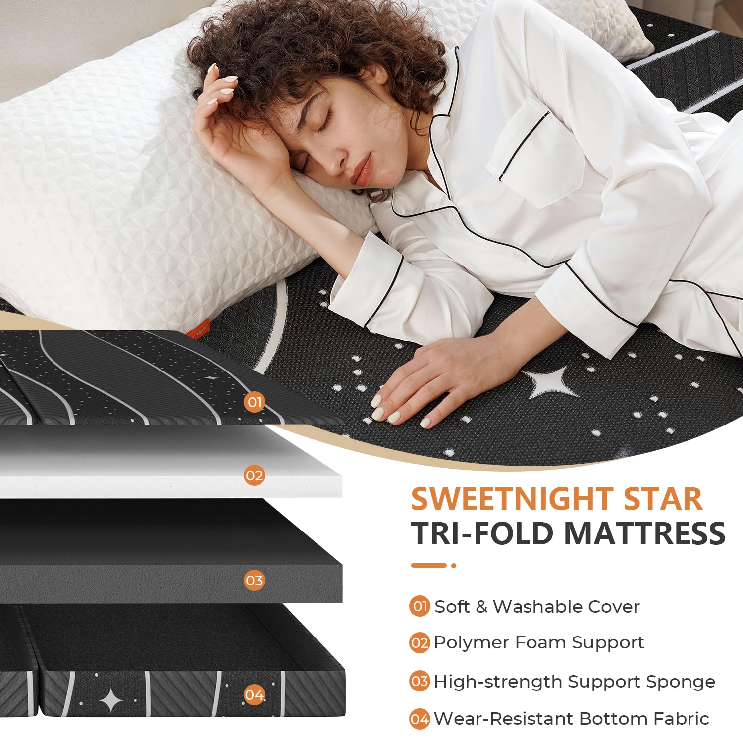Sweetnight Tri-Fold Mattress - 4 Inch Dual-Layer Foam Folding Mattress | Removable & Washable 500G Superfine Fiber Cover | Suita