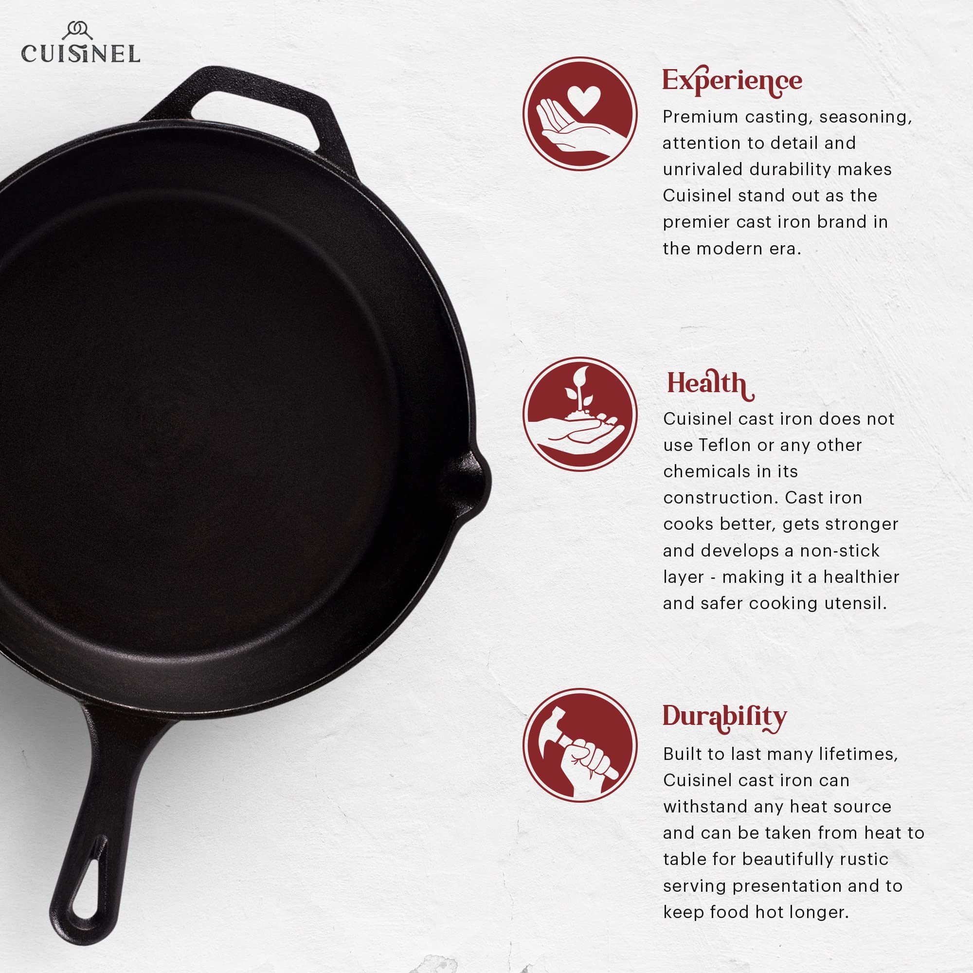 Cuisinel Cast Iron Skillet with Lid - 12''-Inch Frying Pan + Glass Lid + Heat-Resistant Handle Cover - Pre-Seasoned Oven Safe Cookware - Indoor/Outdoor Use - Grill  BBQ  Fire  Stovetop  Induction Safe