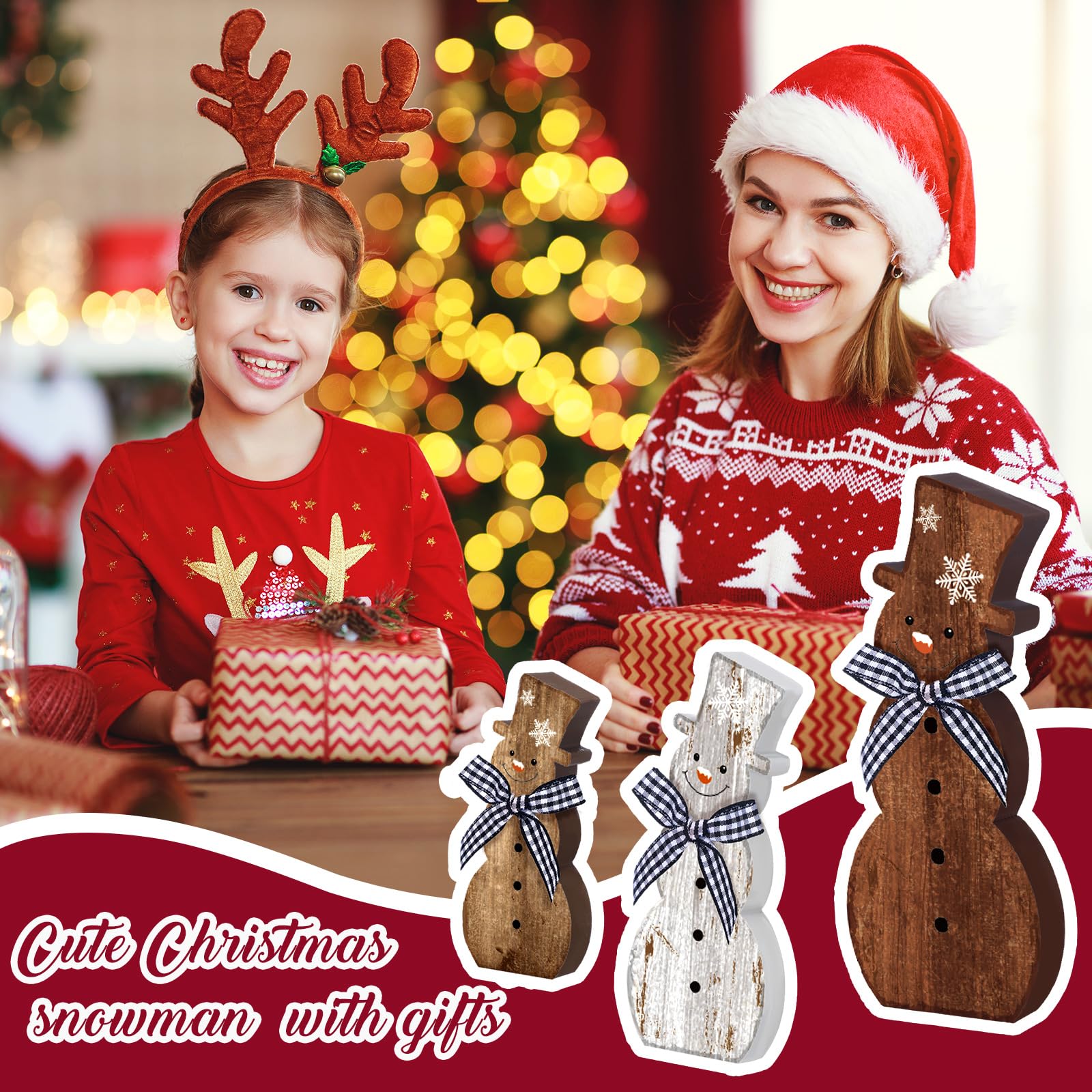 Chunful 3 Pcs Christmas Snowman Table Decoration Rustic Brown Winter Wooden Snowman Table Centerpiece Block Signs Figurine Farmh