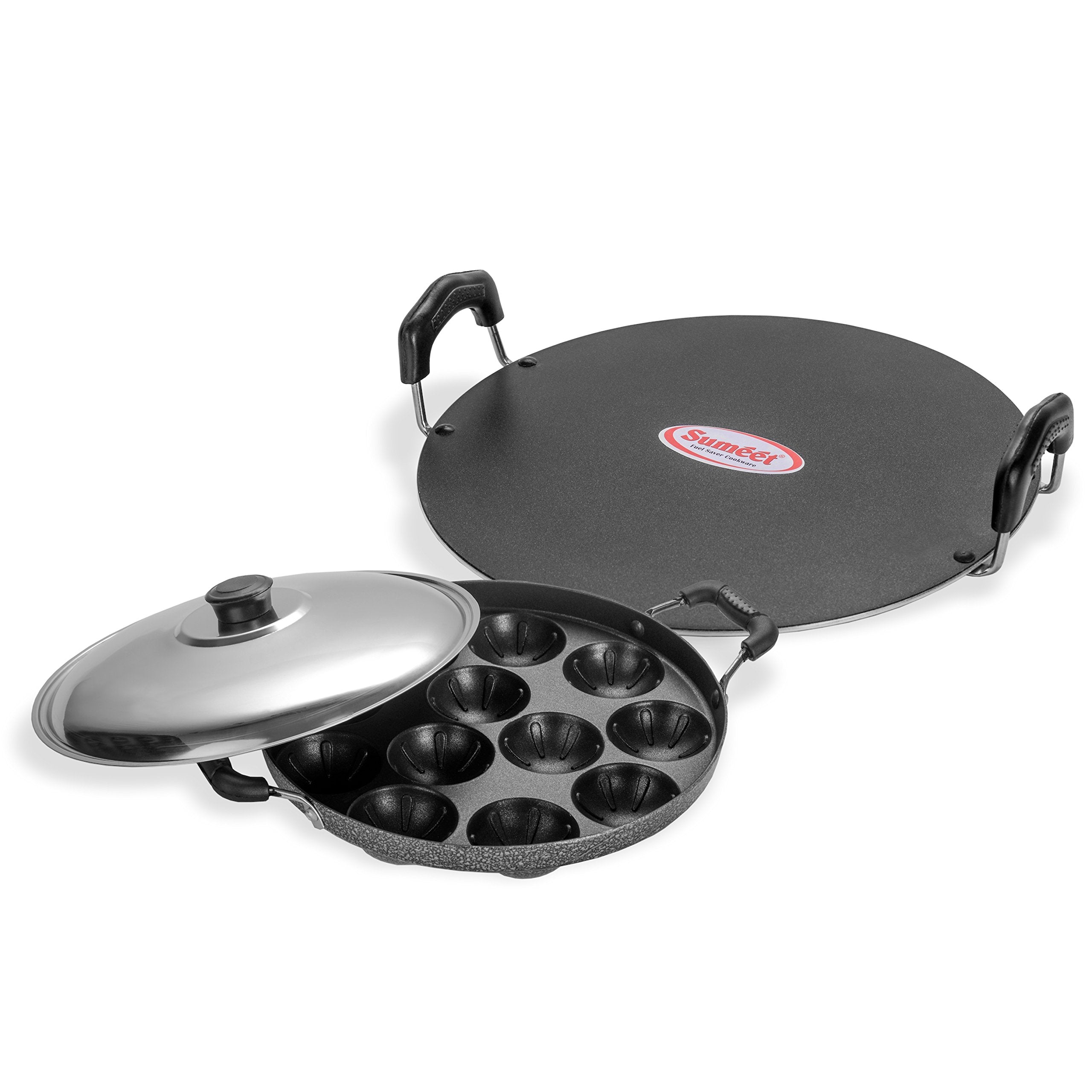 Sumeet Aluminium Nonstick Insta Combo Set (Silver; Saral Tawa 30.5cm Dia and Grill Appam Patra with S.S. Lid 7pcs)