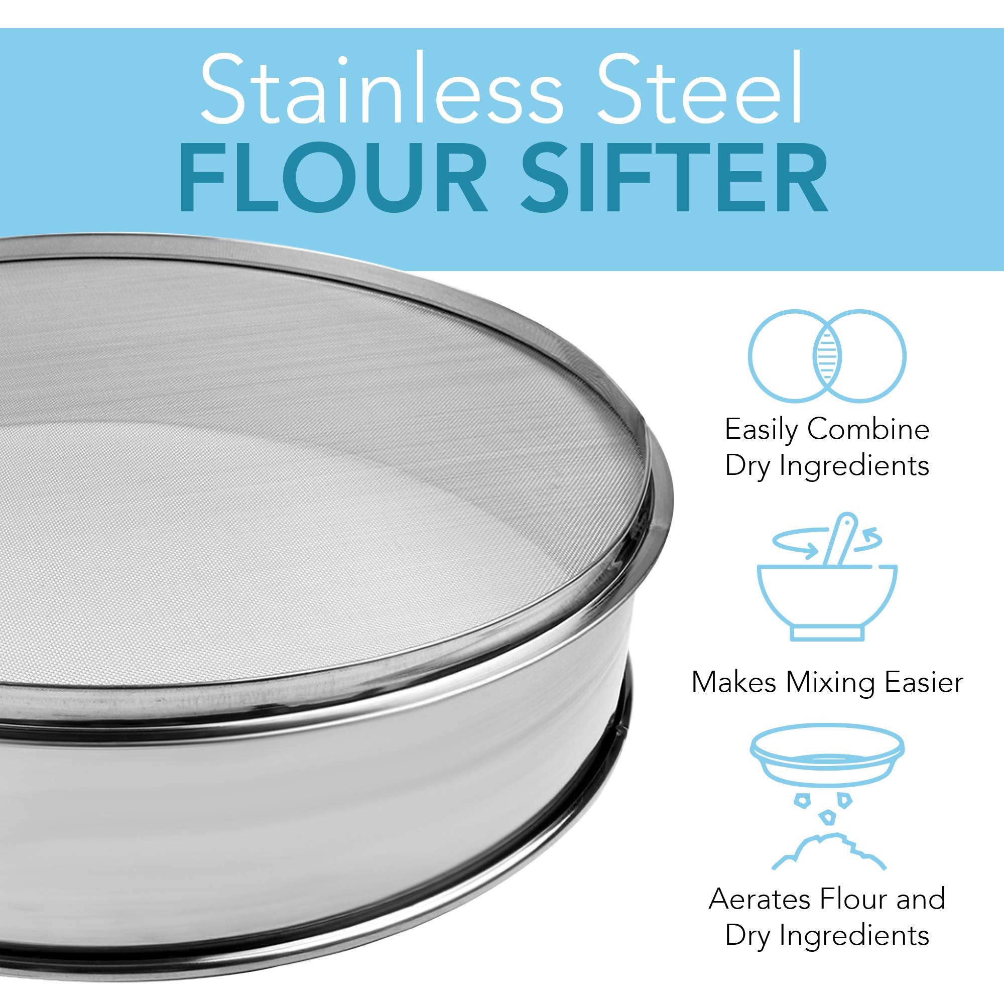 Vollum Stainless Steel Flour Sifter Fine Mesh Round Flour Sifter For Baking 9.5'' Diameter X 2.5'' High; Mesh-Hole Size 0.3Mm