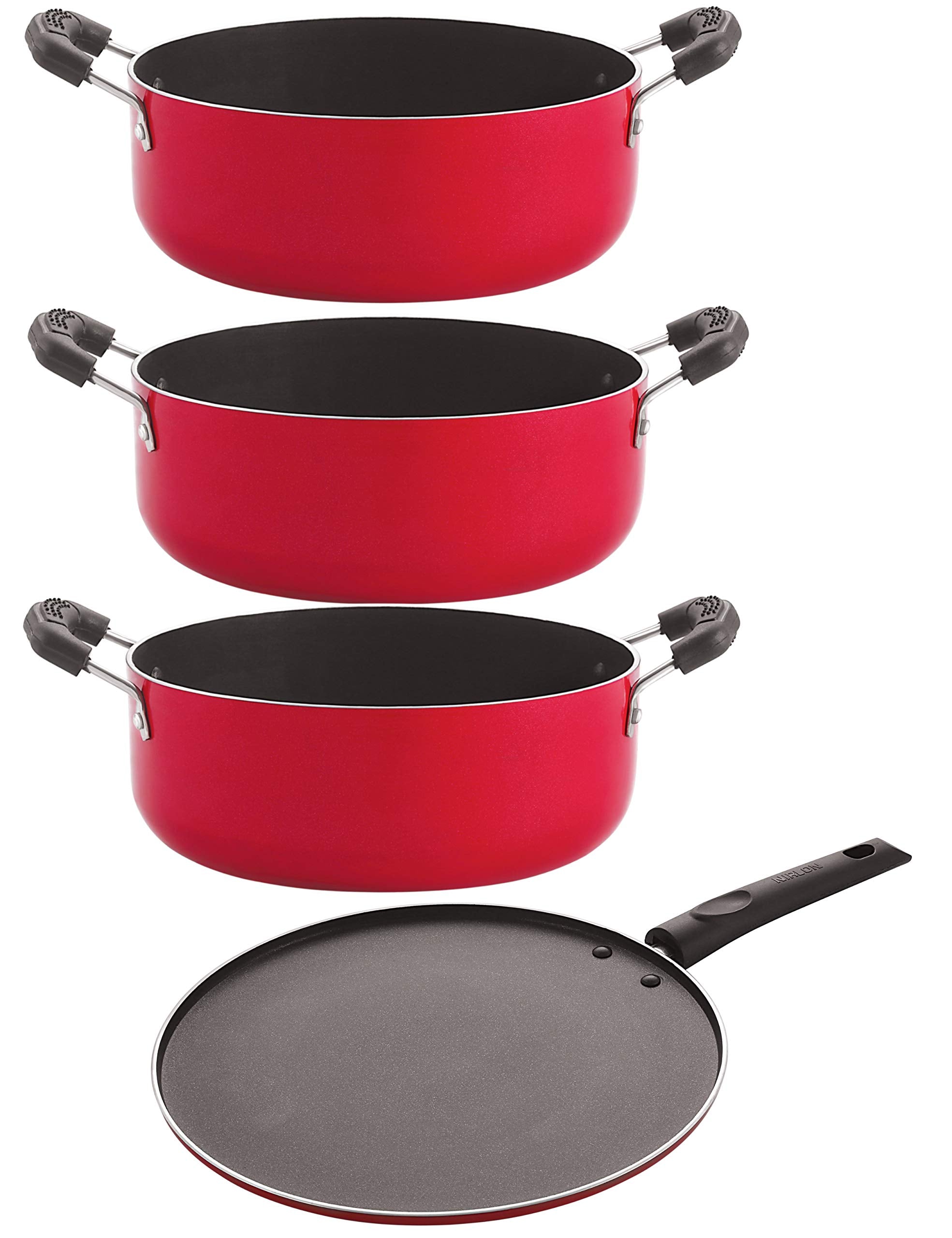 Nirlon NonStick Casserole Casserole Smart Tawa Casserole Aluminium Cookware Set, 4Pieces, Red/Black(Cs20_Cs22_St12_Cs24)