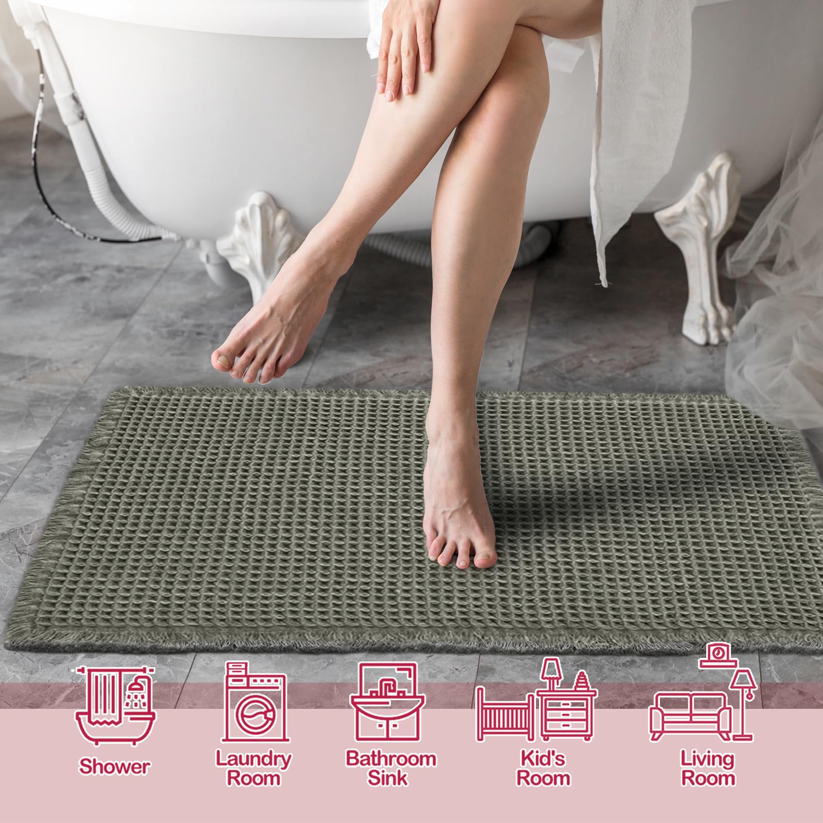 Zall Waffle Bath Mat,Super Absorbent Non Slip Bathroom Rug,Dark Green 24X36Inch,Machine Washable Ultra Soft Floor Mats