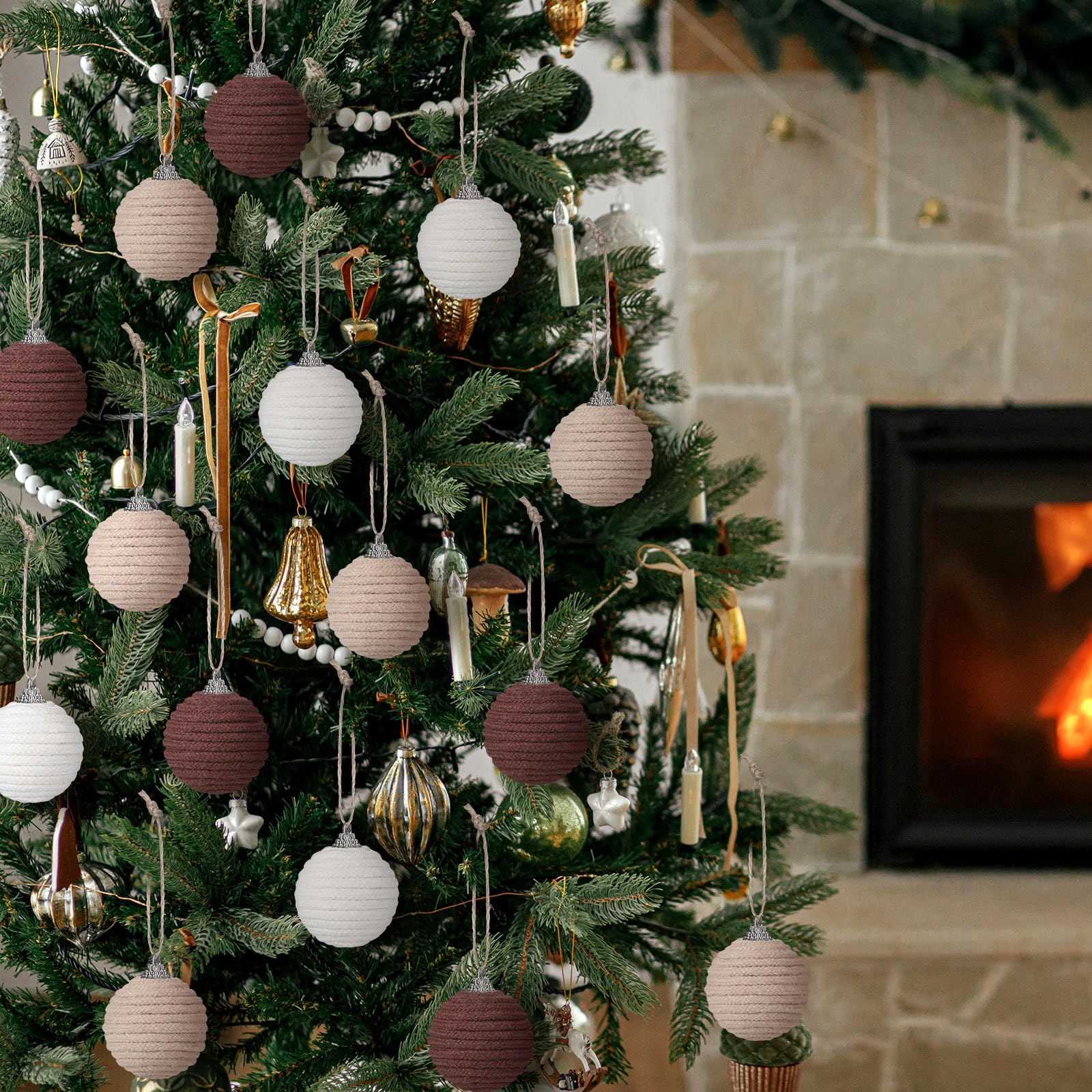 Syhood 18 Pcs 1.57 Inch Mini Christmas Ball Ornaments Boho Farmhouse Jute Rope Hanging Balls Burlap Neutral Rustic Ornaments for