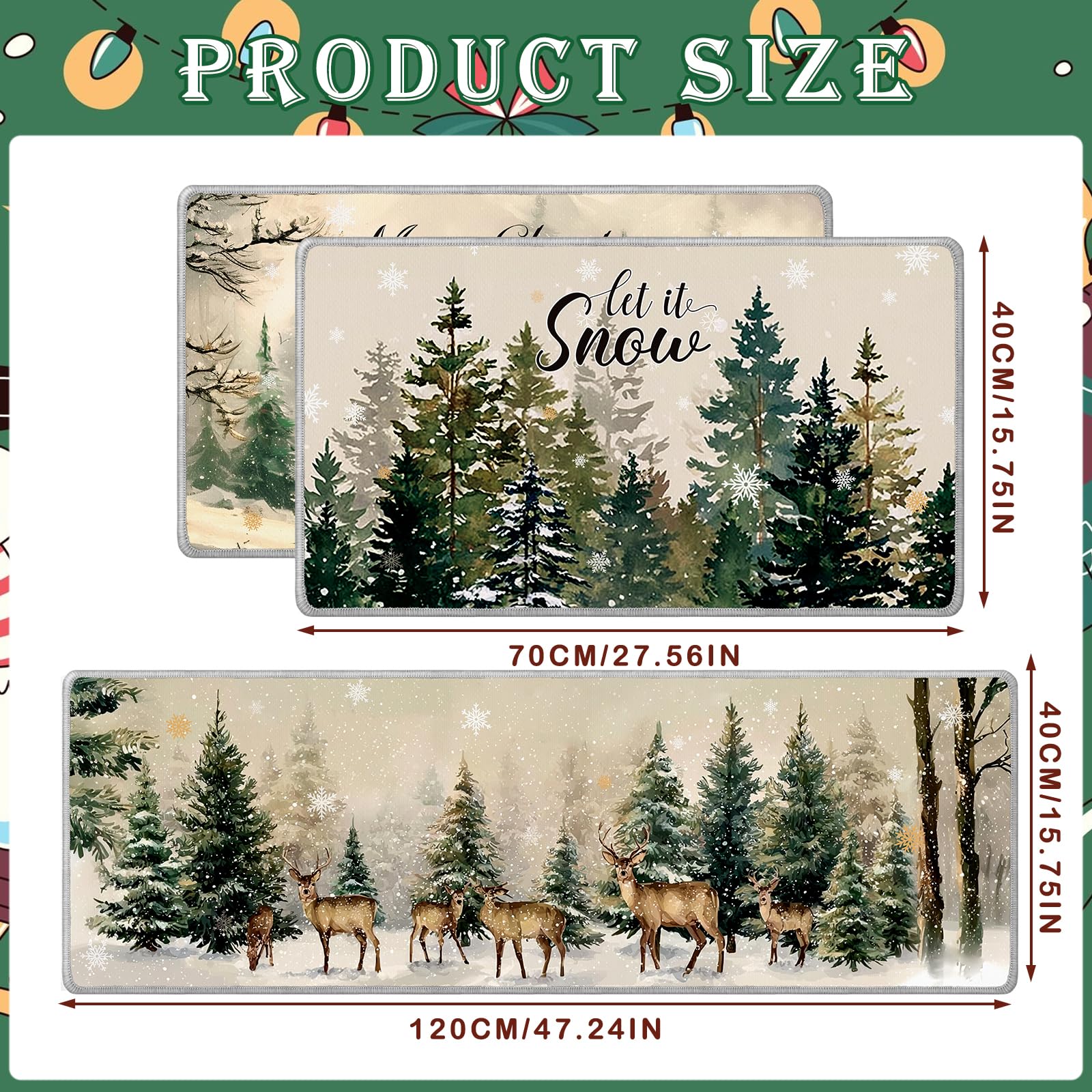 InIsaJace Christmas Winter Kitchen Rugs Set of 3, Merry Christmas Kitchen Mats Decor Non Slip, Washable Snow Pine Tree Elk Mats