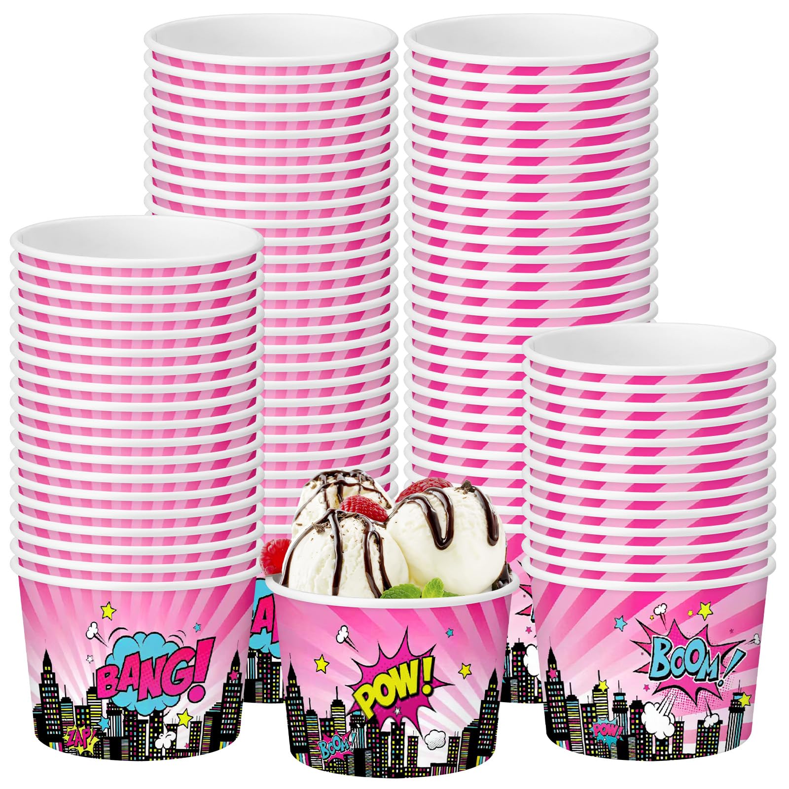 Funnymoom 50 Pack Pink Hero Treat Snack Cups Girl Pink Comic Hero Ice Cream Cups 9 oz Super Theme Disposable Dessert Bowls Paper
