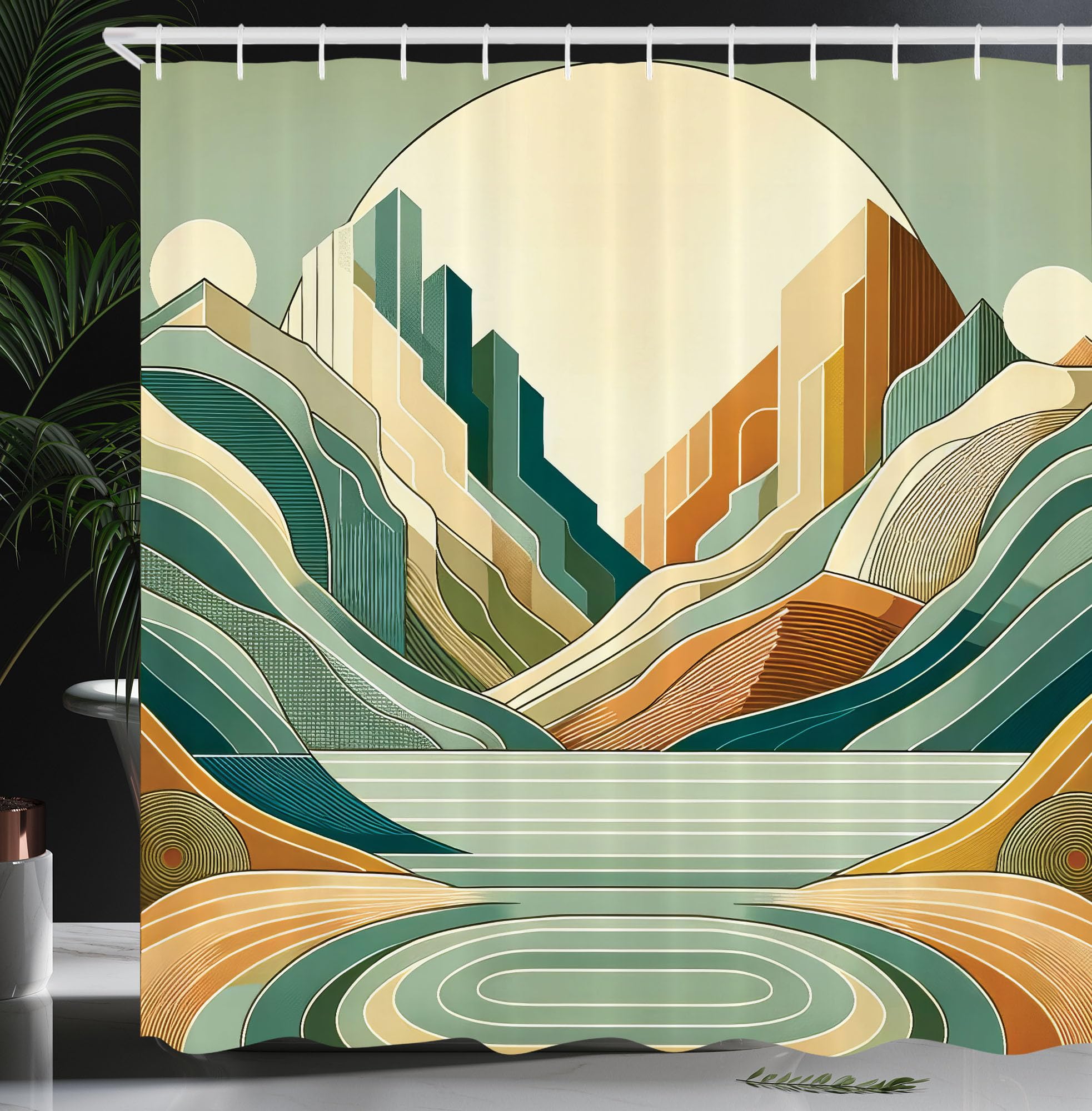Ambesonne Lake Shower Curtain, Pastel Colored Landscape Of Rising Mountains And Hills In Circular Motifs, Cloth Fabric Bathroom