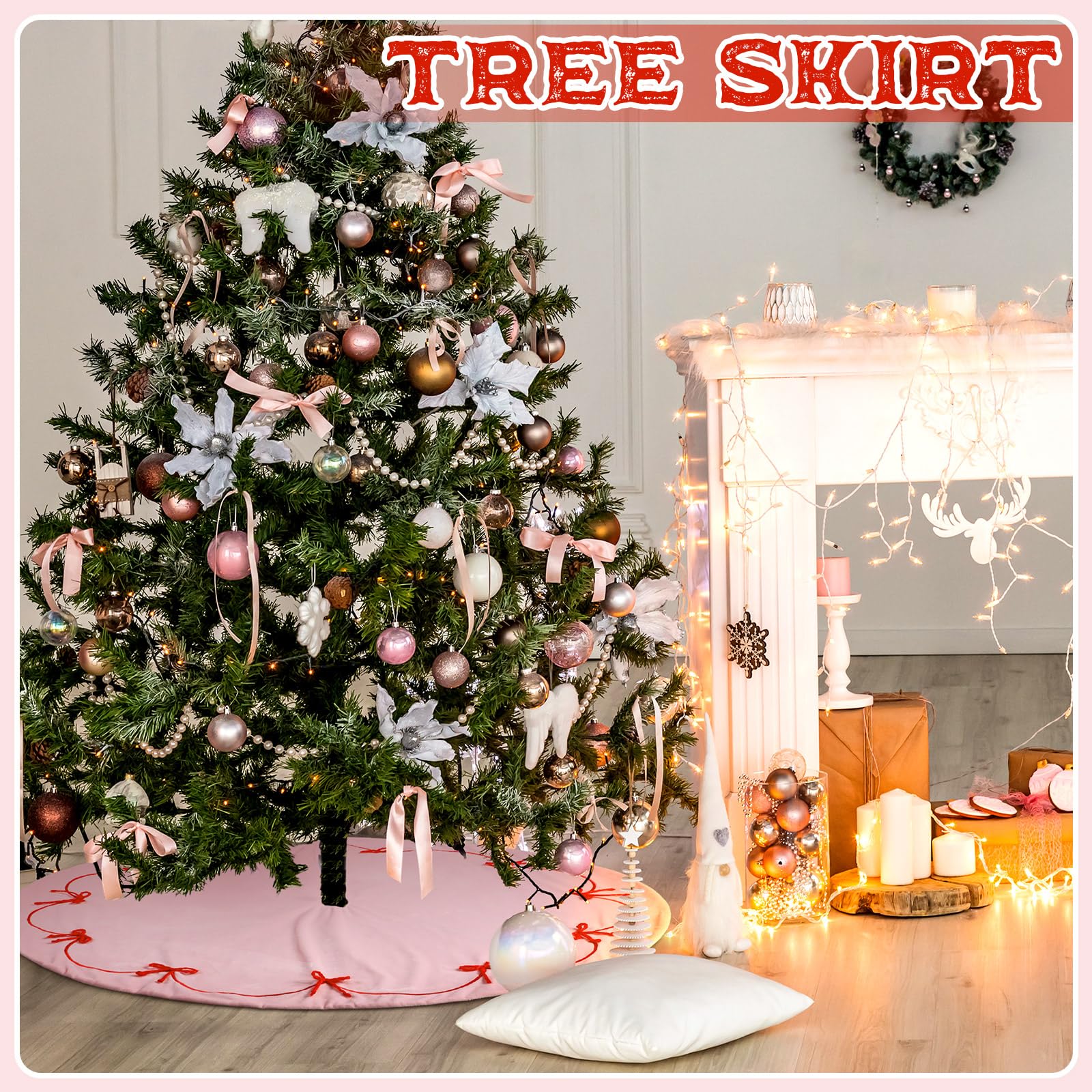 Pink Christmas Tree Skirt, 36 Inch Pink Bows Tree Skirt Velvet Plush Stand Decorations with 3D Red Bows Base Mat Thick Rugs for
