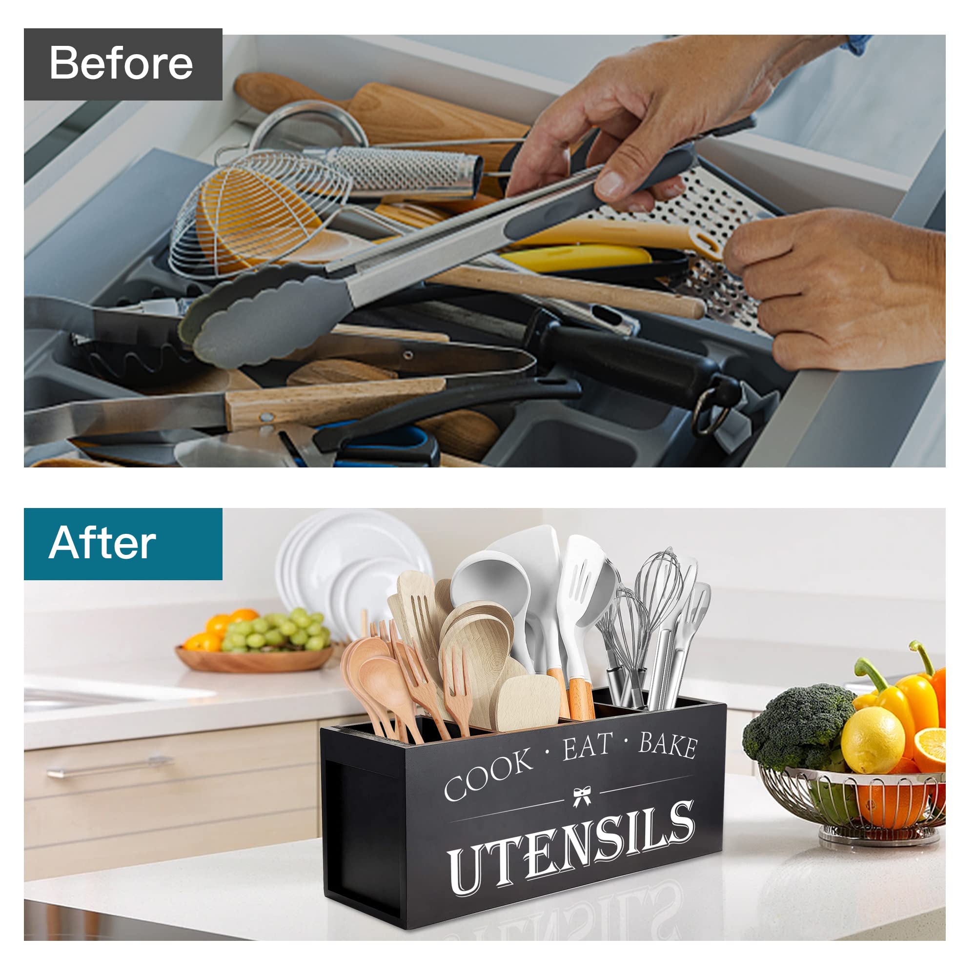 Suli Extra Large Kitchen Utensils Holder With 4 Compartments, Wooden Utensil Organizer For Kitchen Countertop, Farmhouse Kitchen