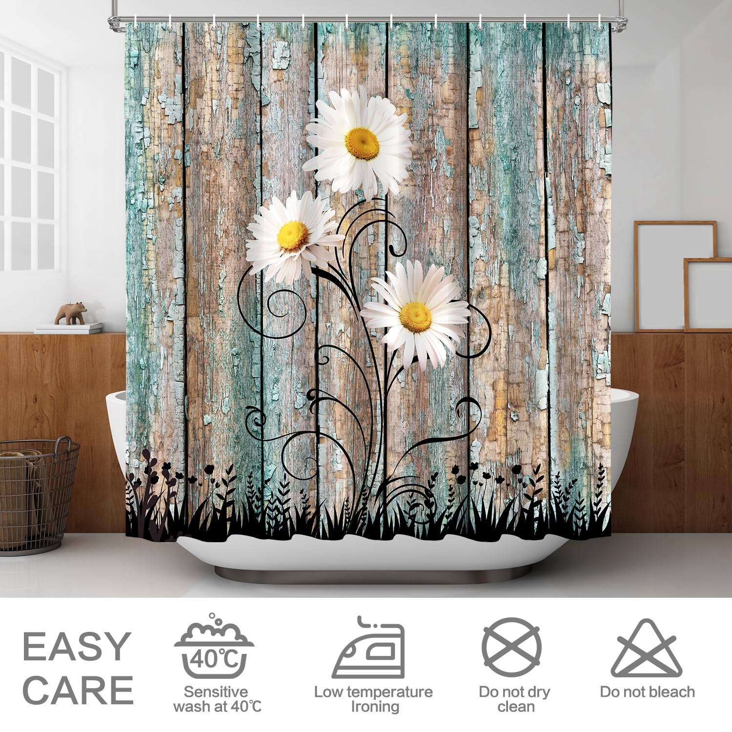 Shower Curtain Set, Rustic Farmhouse Shower Curtain For Bathroom, Fabric Bath Curtain 12 Hooks, Daisy American Country Farm Styl