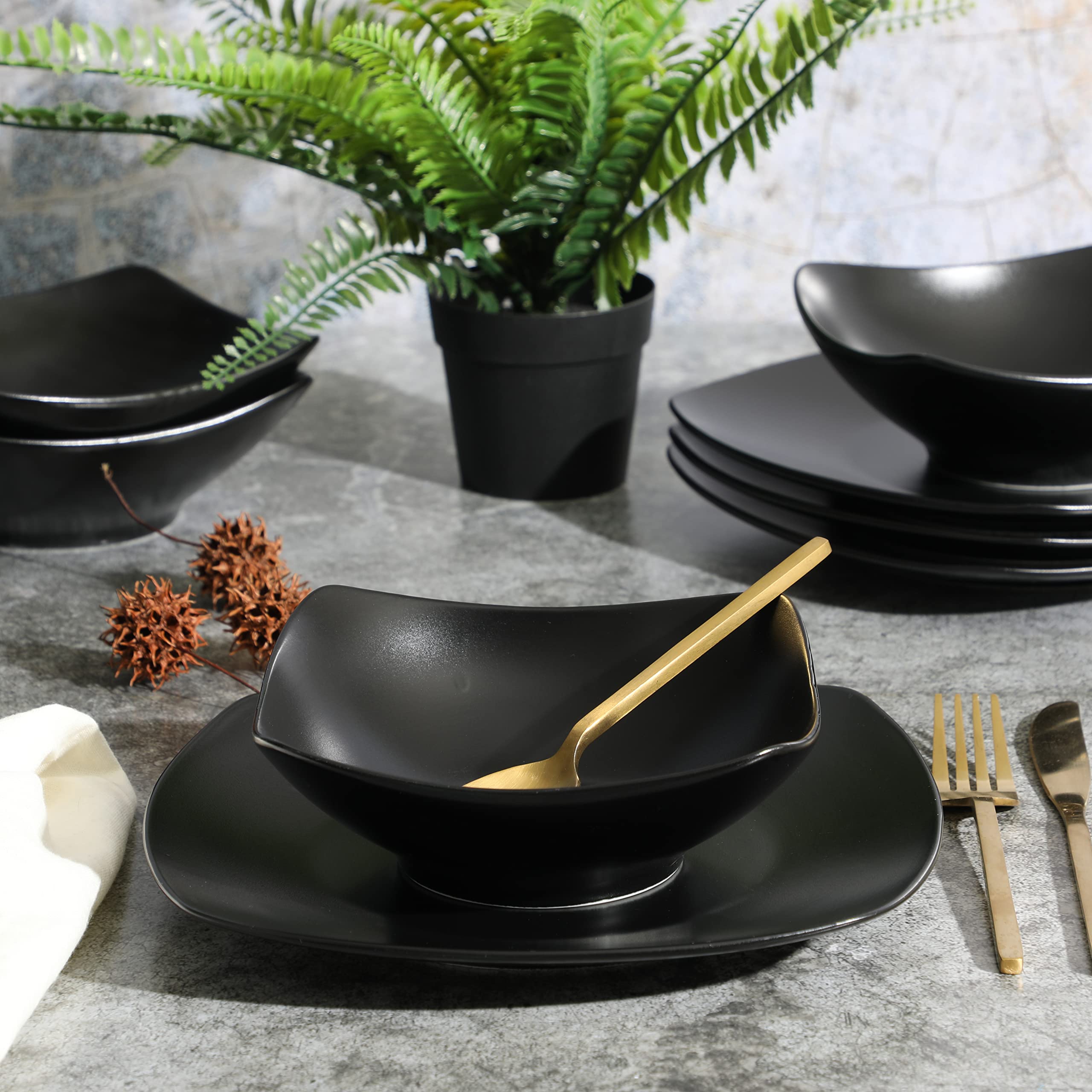 Gibson Home Zen Buffet Matte Porcelain Chip and Scratch Resistant Plates and Bowls Dinnerware Set - Black, Service for 4 (8pcs)
