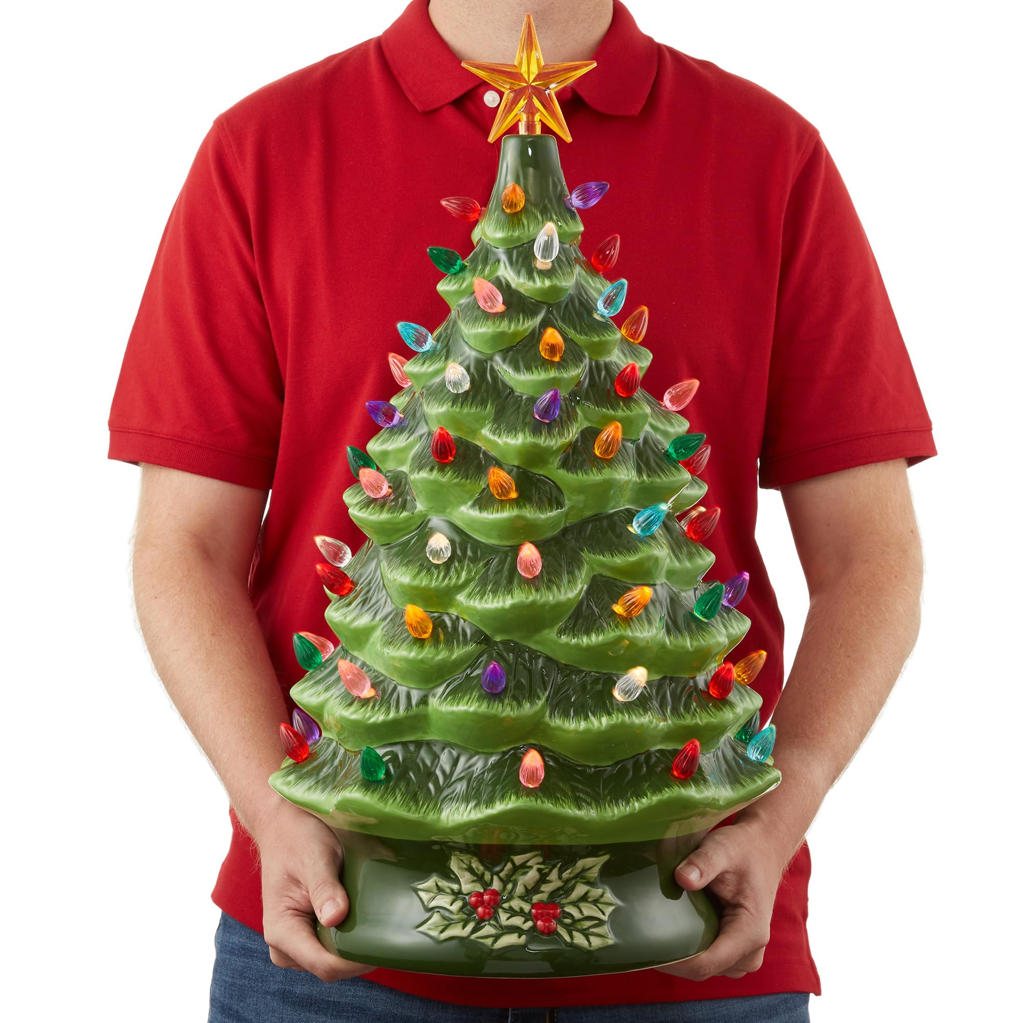 Casafield Hand Painted Ceramic Christmas Tree, Green 24-Inch Pre-Lit Tree with 148 Multi Color Lights and 2 Star Toppers