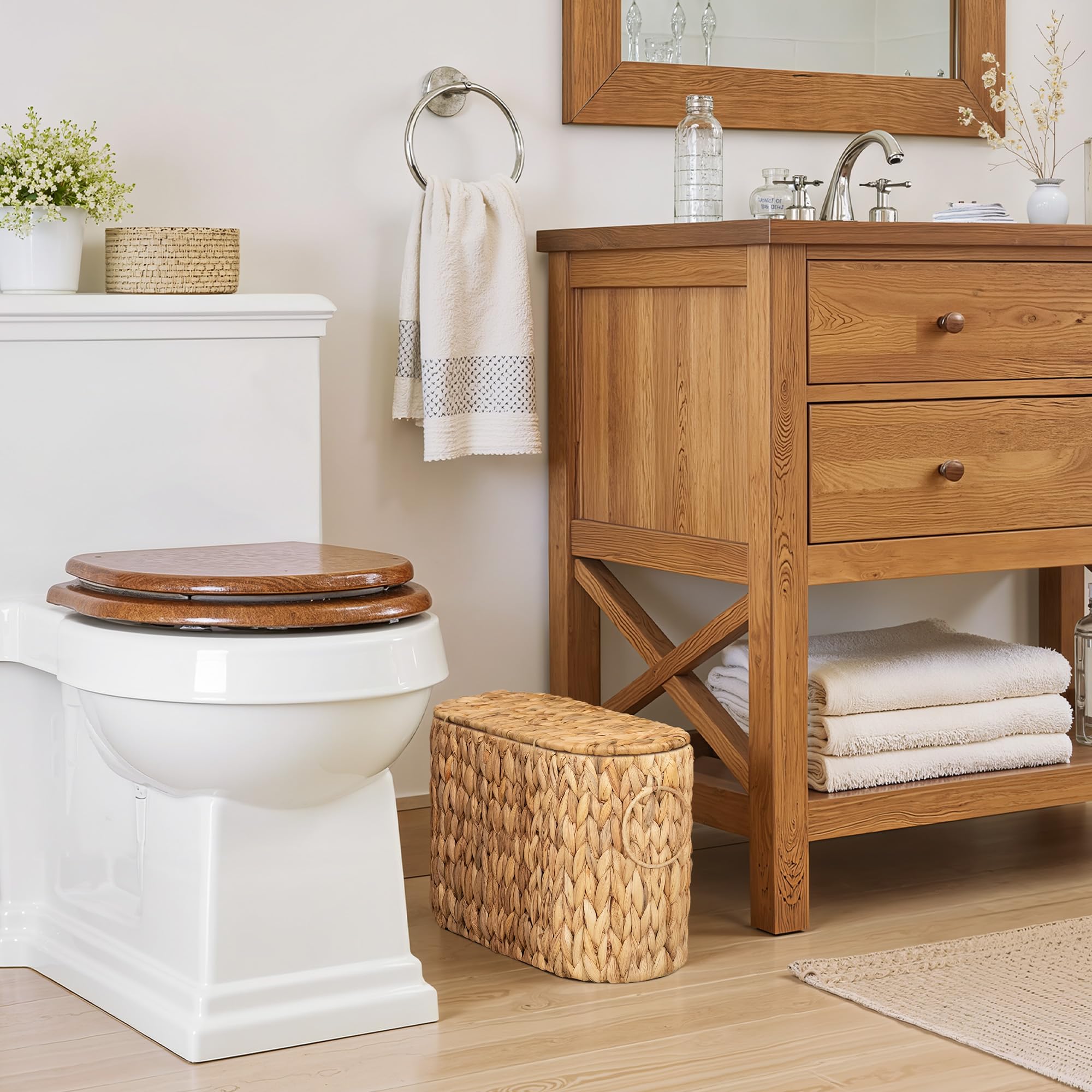 StorageWorks Toilet Paper Storage with Lid, Toilet Paper Storage Holder for 6 Regular Rolls, Wicker Basket for Bathroom, Natural