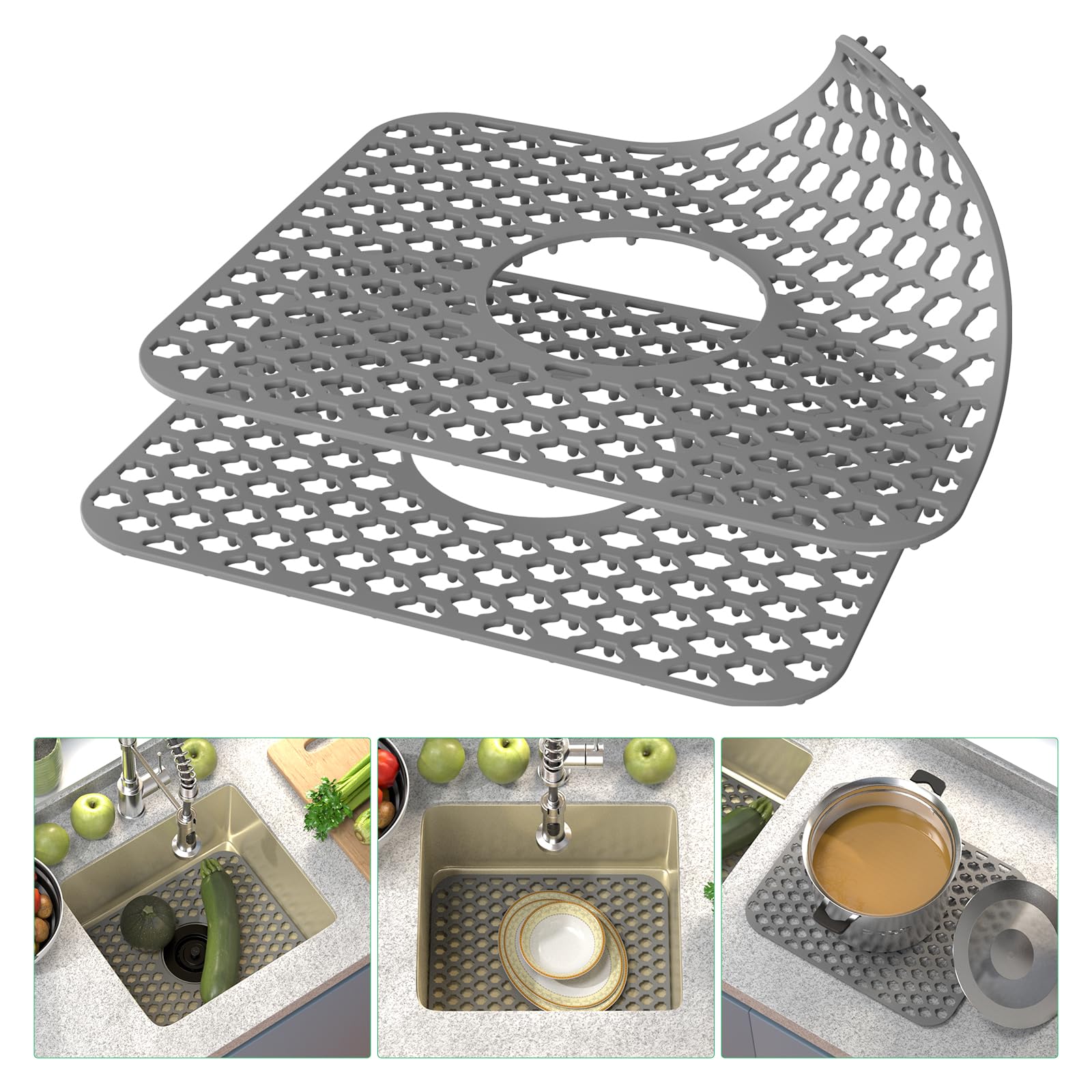 Toovem Kitchen Sink Mats, 2Pcs Non-Slip Heat Resistant Silicone Sink Protector Mat, Folding Farmhouse Rear Drain Sink Mats, Cent