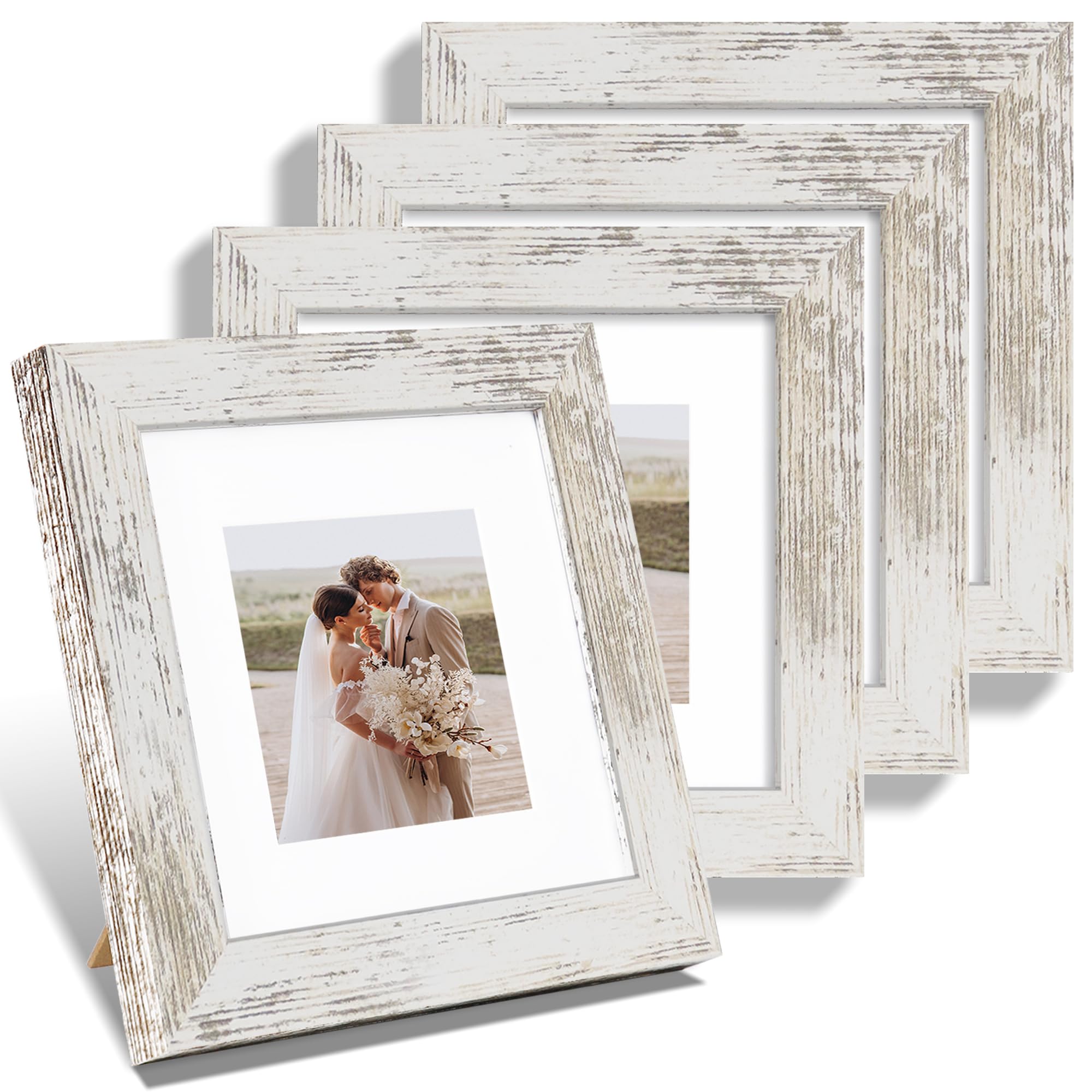 Hongkee 6x6 Picture Frame Set of 4, Made of Glass and Distressed White Wooden Frame - Display Picture 4x4 with Mat or 6 x 6 With