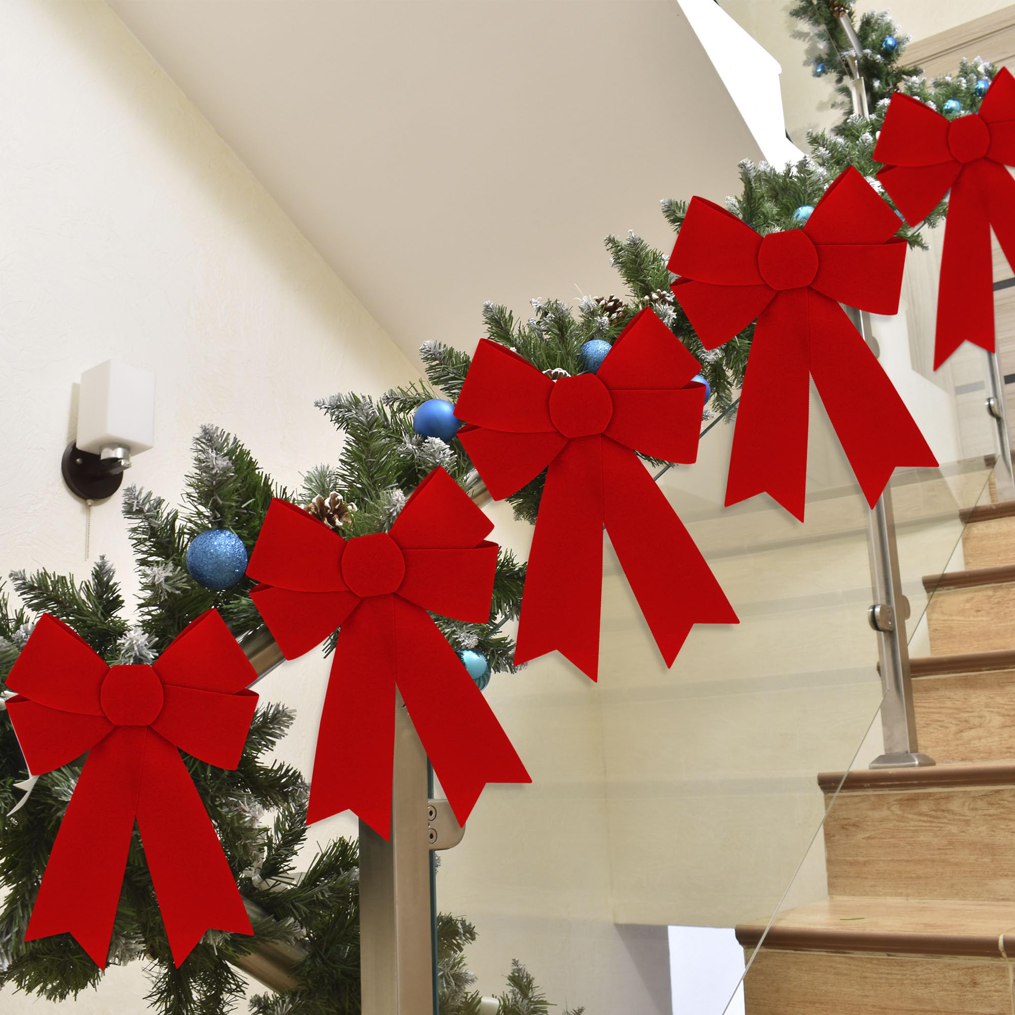 48 PCS Christmas Decorations, 9 x 12 Inches Large Christmas Bows, Red Velvet PVC Hanging Xmas Tree Decorations Indoor Outdoor Xm