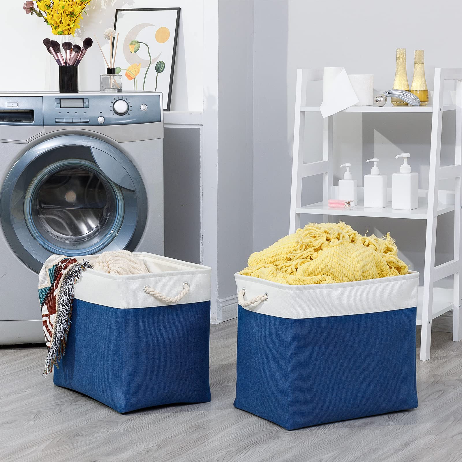 Bidtakay Large Baskets With Cotton Handles Set Of 2 Navy Blue Canvas Organization Bins 17X12X15 In Rectangular Baskets For Blank