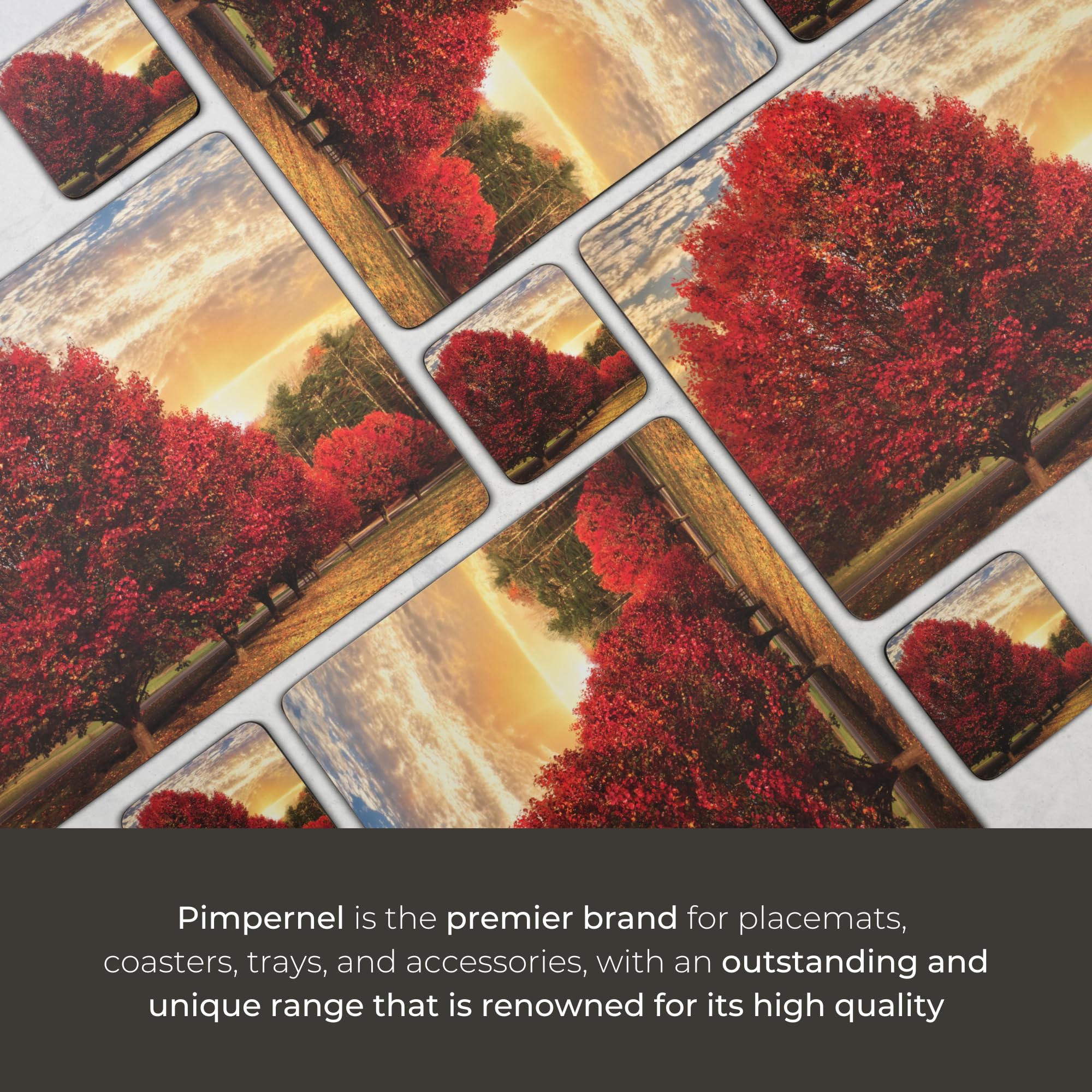 Pimpernel Crimson Trees Collection Coasters  Set of 6  Cork Backed Board  Heat and Stain Resistant  Drinks Coaster for Tabletop Protection  Measures 4 x 4