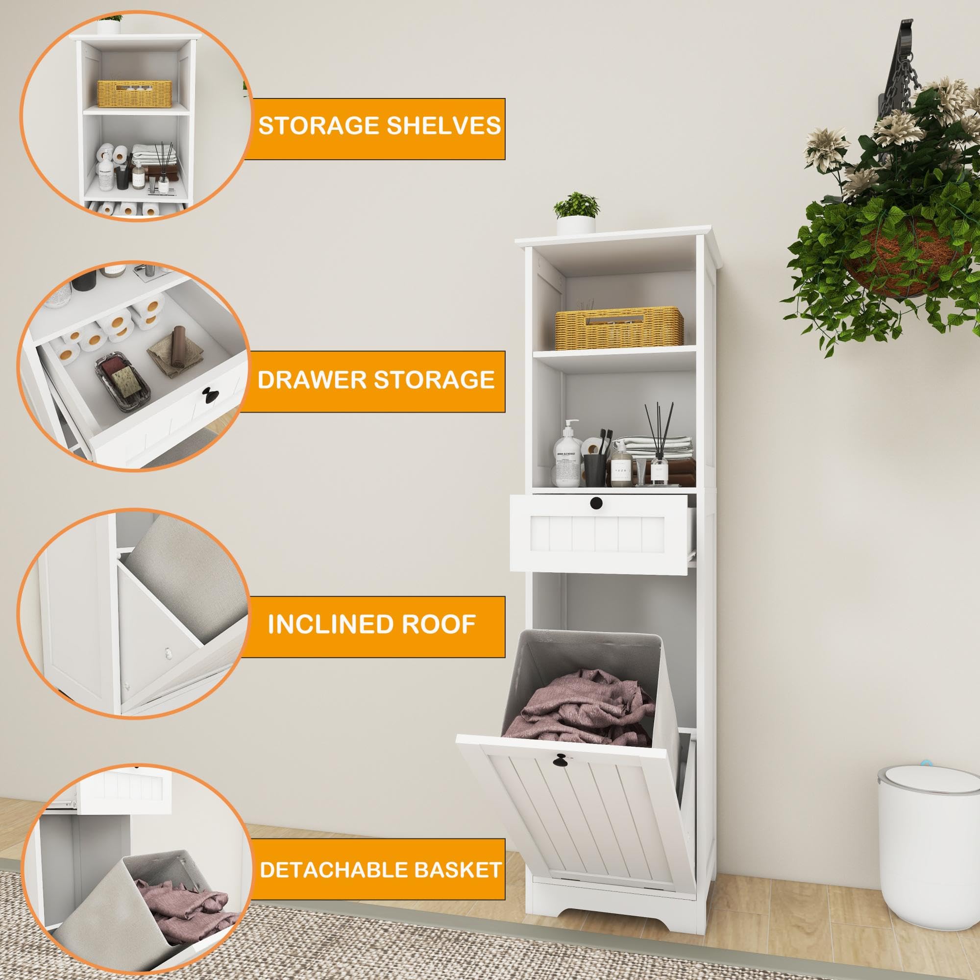 Oqsc Tall Tilt Out Laundry Room Cabinets And Storage With Hidden Removable Basket, Pull Out Laundry Cabinet Hamper With Door And