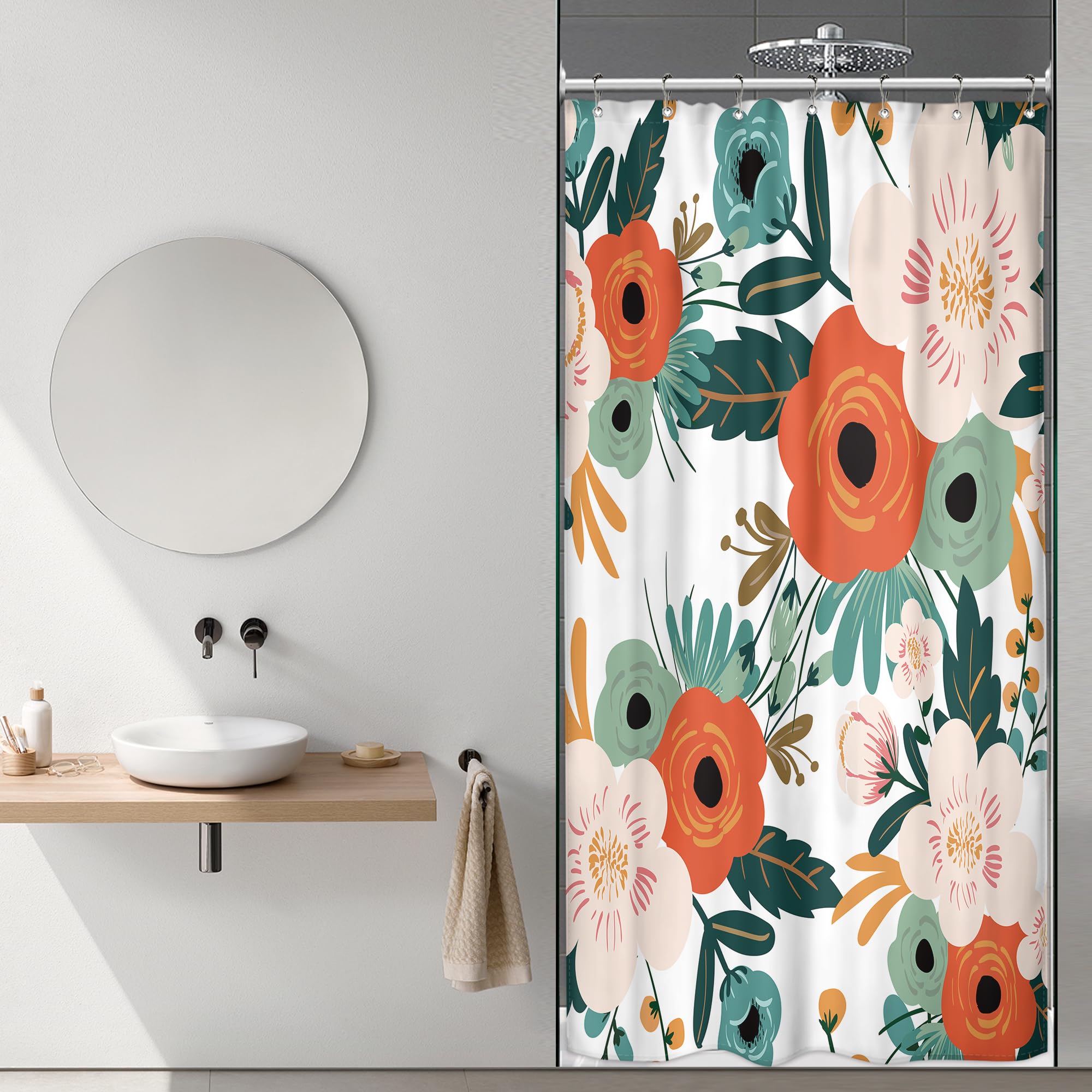 Riyidecor Small Stall Shower Curtain 36Wx72H Inch Half Narrow Rv Spring Floral Flower Bathtub Decor Walkin Leaves Green Bathroom