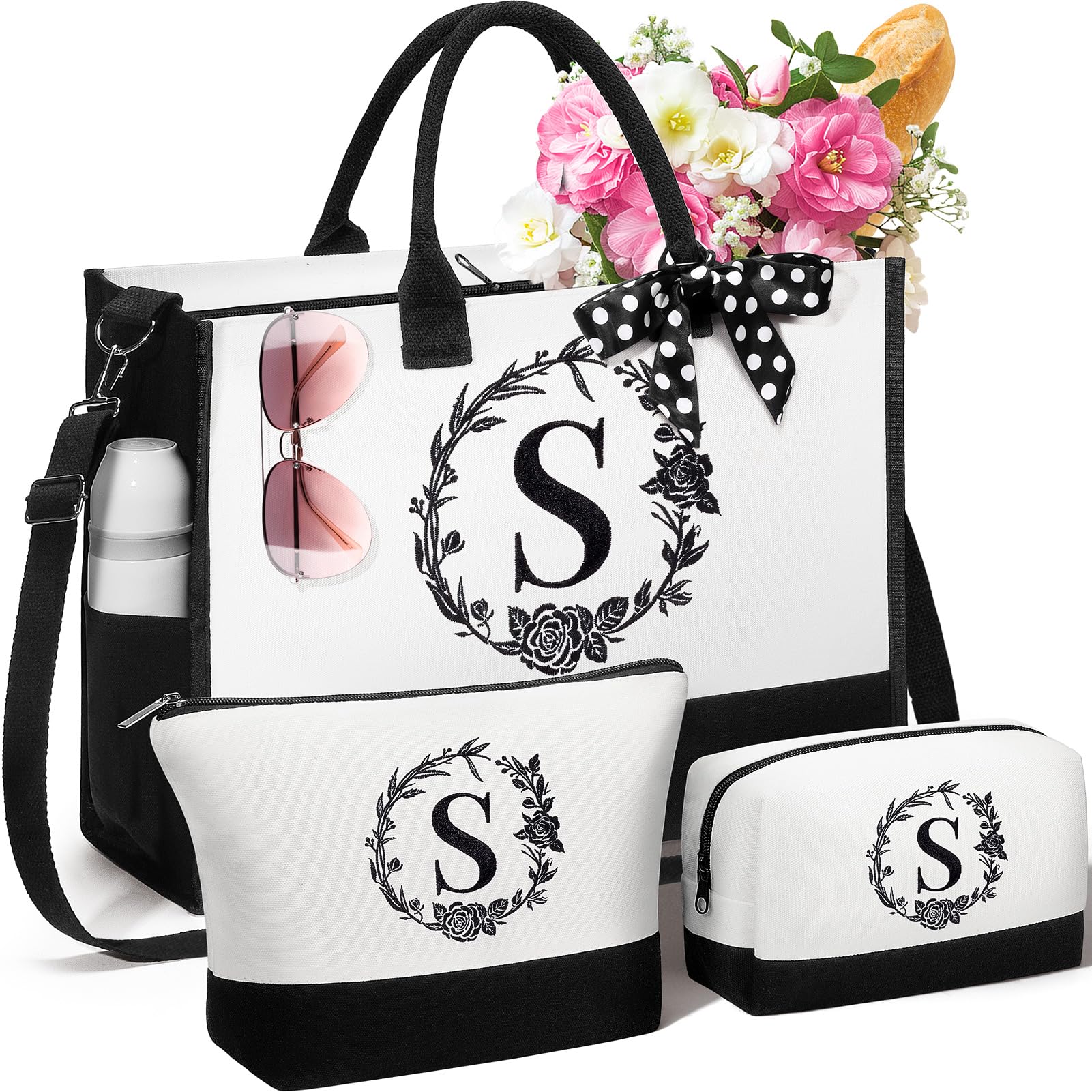 Personalized Valentines Day Gifts For Women, Initial Canvas Tote Bag & Makeup Bag Monogrammed Beach Tote Bag For Women W/Zipper,