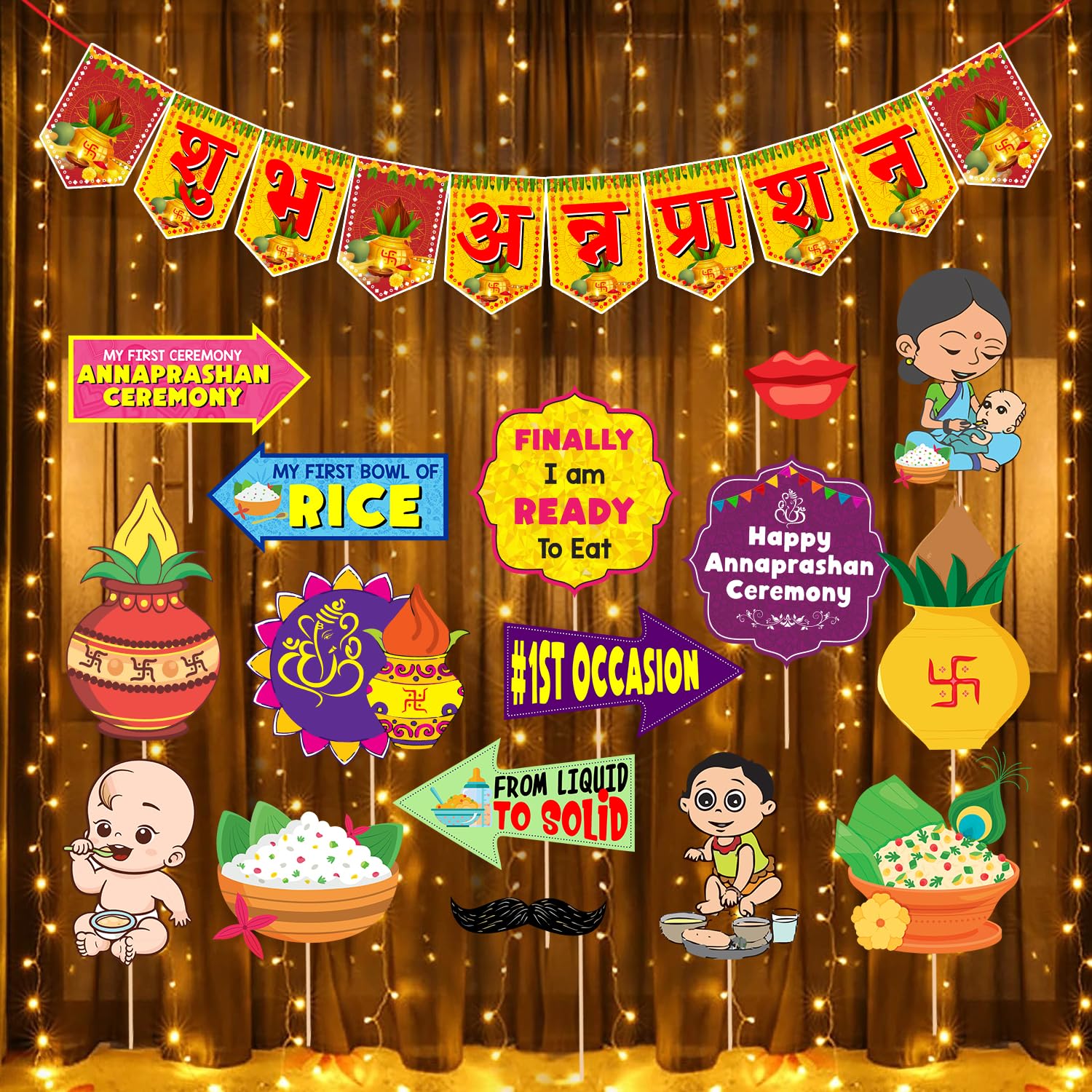 Zyozique  Annaprasanam Photo Booth Props With Annaprasanam Paper Bunting Paper Banner Hindi Font Shubh Annaprashan | Rice Ceremo