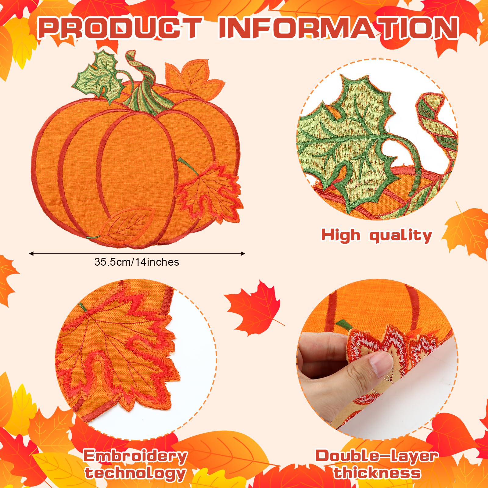 Yingzhao 6 Pcs Fall Pumpkin Placemats Autumn Thanksgiving Harvest Orange Table Placemats Embroidered 14 Round Decorative Place