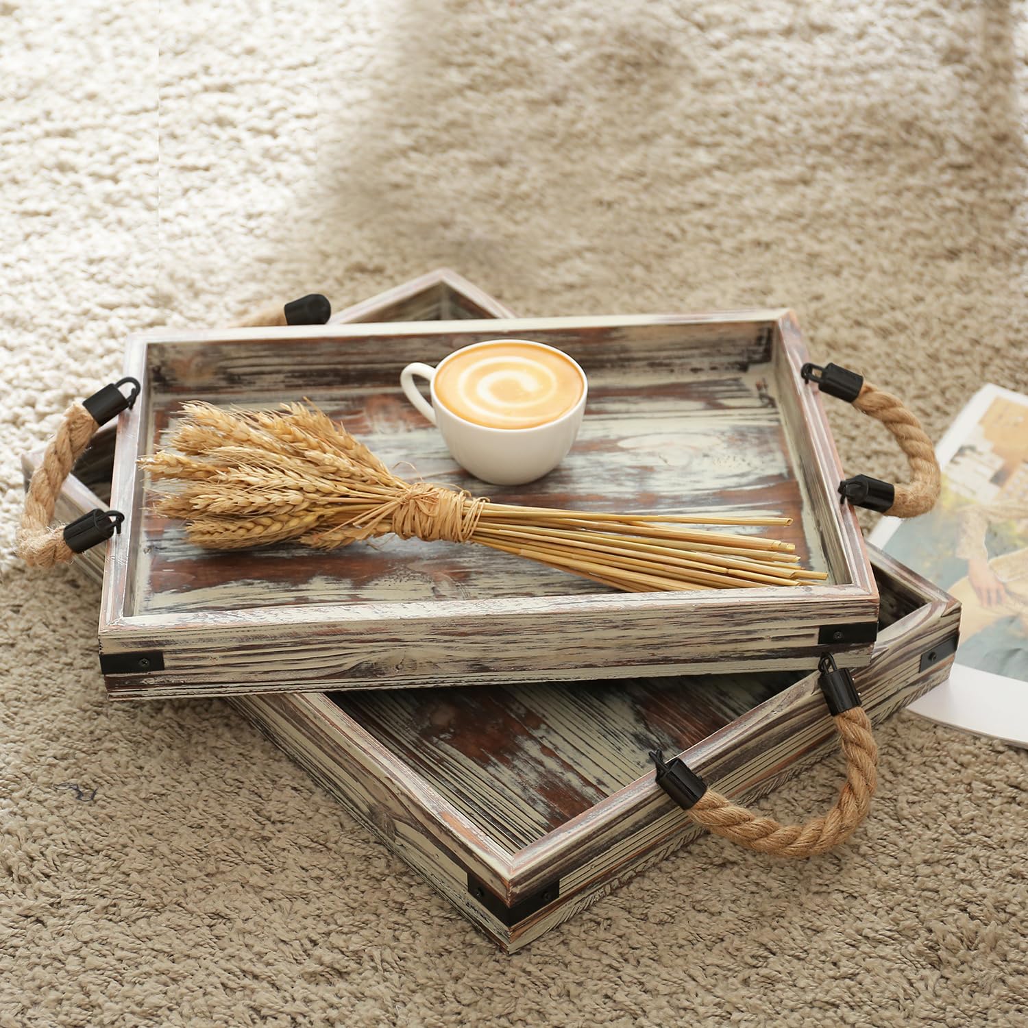 Mygift 2 Piece Set Rustic Torched Wood And Black Metal Decorative Nesting Serving Trays With Rope Handles For Breakfast In Bed,