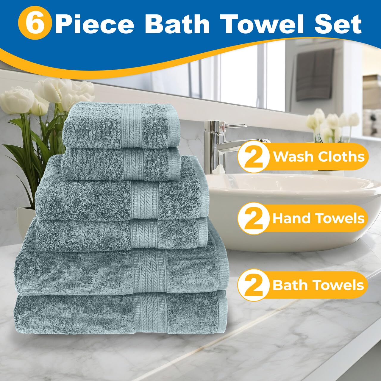 Kaufman - Luxury 100% Cotton Towels | 6 Piece Bath Towel Set | 2 Bath Towels (54 In X 30 In), 2 Hand Towels (16 X 28), 2 Washclo