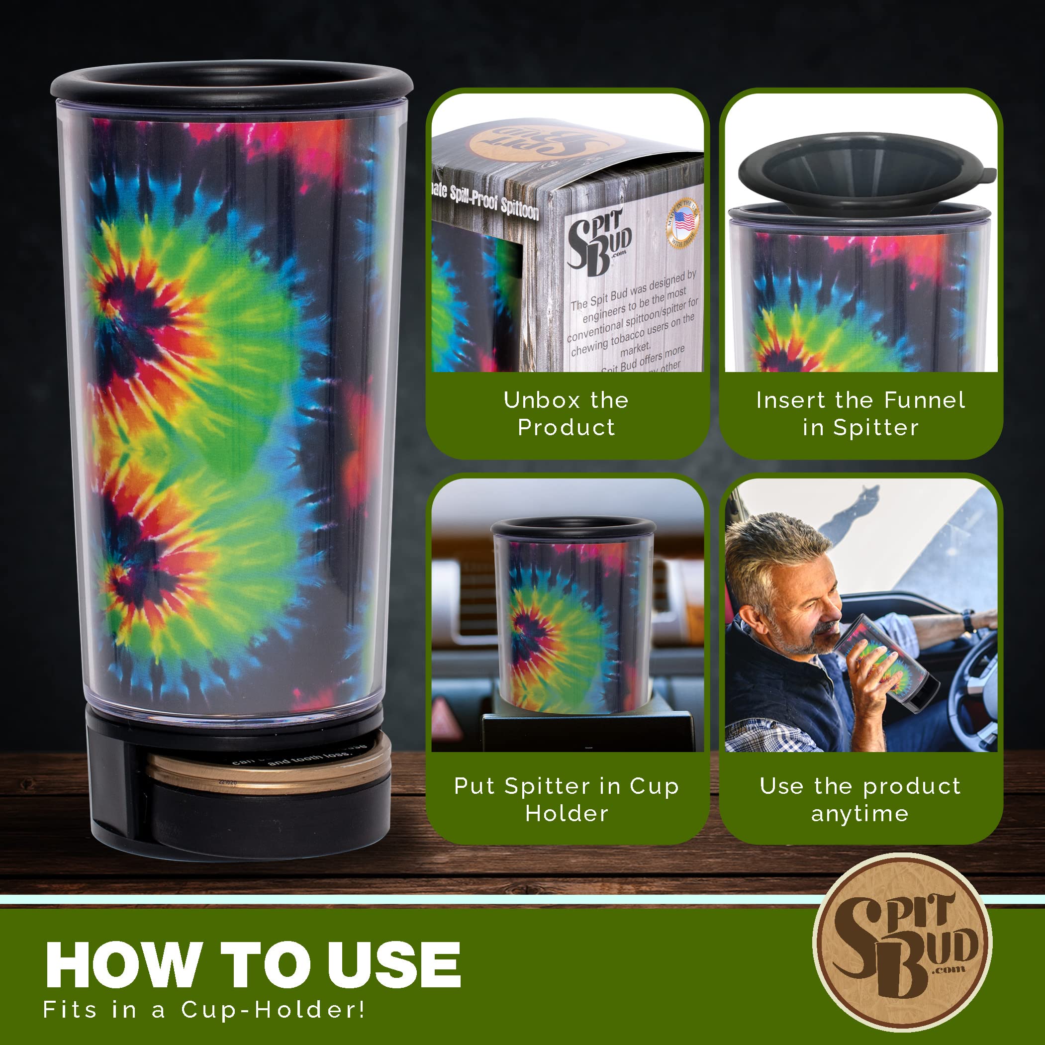 Tie Dye By Spit Bud - The Ultimate Spittoon For Chew - Portable Dip & Snuff Cup With Lid, Pop Tab, Spill-Proof Funnel, Can Cutte