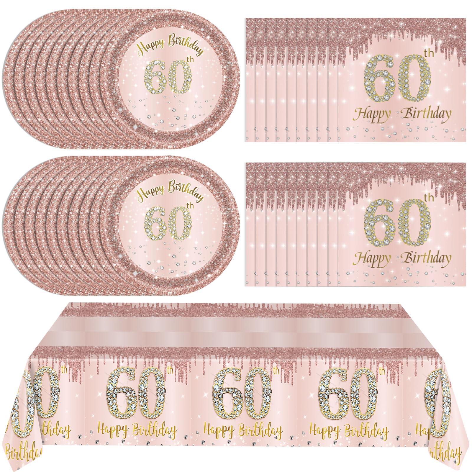 41Pcs 60Th Birthday Decorations, Rose Gold Birthday Party Supplies Include 20Pcs Plates 20Pcs Napkins And 1Piece Tablecloth, Swe