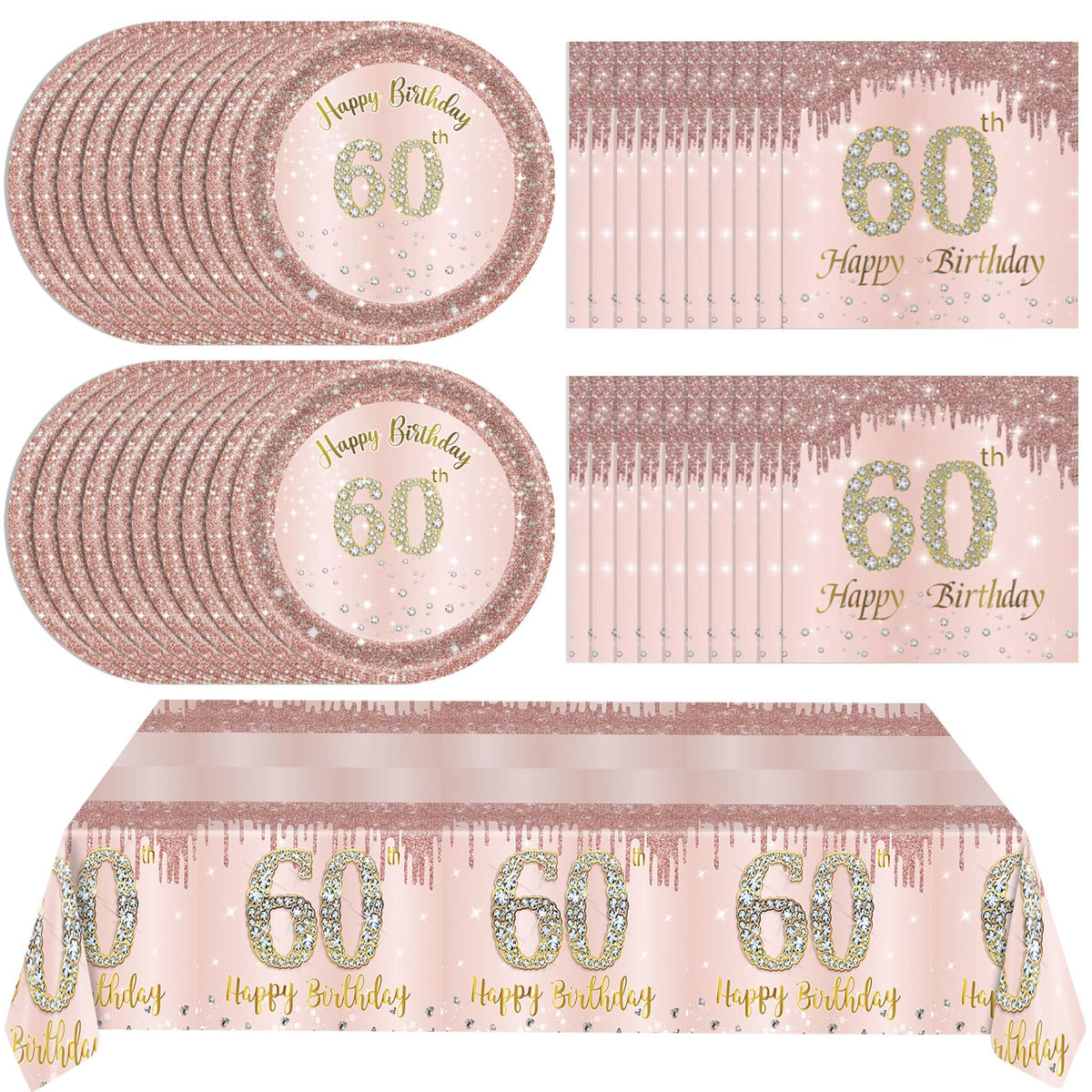 41Pcs 60Th Birthday Decorations, Rose Gold Birthday Party Supplies Include 20Pcs Plates 20Pcs Napkins And 1Piece Tablecloth, Swe