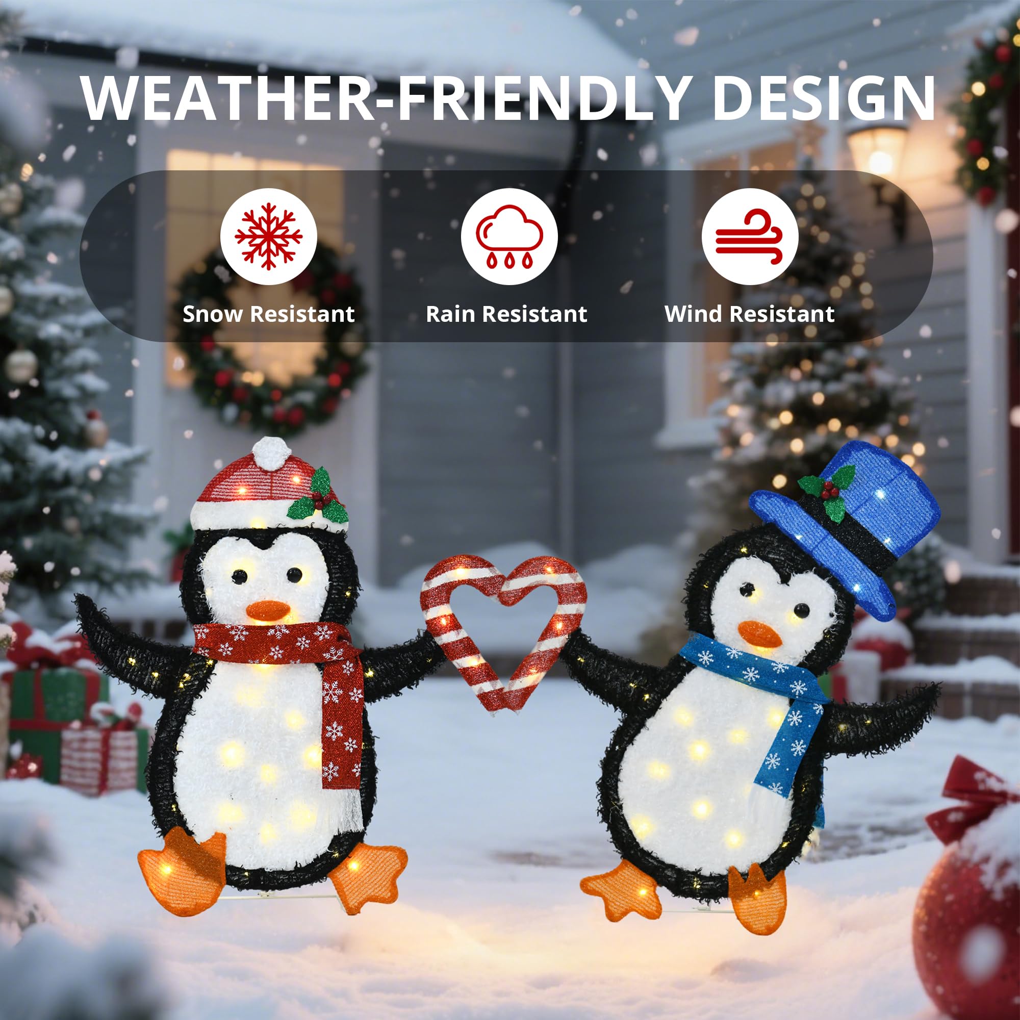 VELTENOVAIRE 32 H Penguin Lights Outdoor Christmas Decorations, 2D Pre-lit Cute Holiday Lawn Lights Decors, Flat Xmas Yard Decor