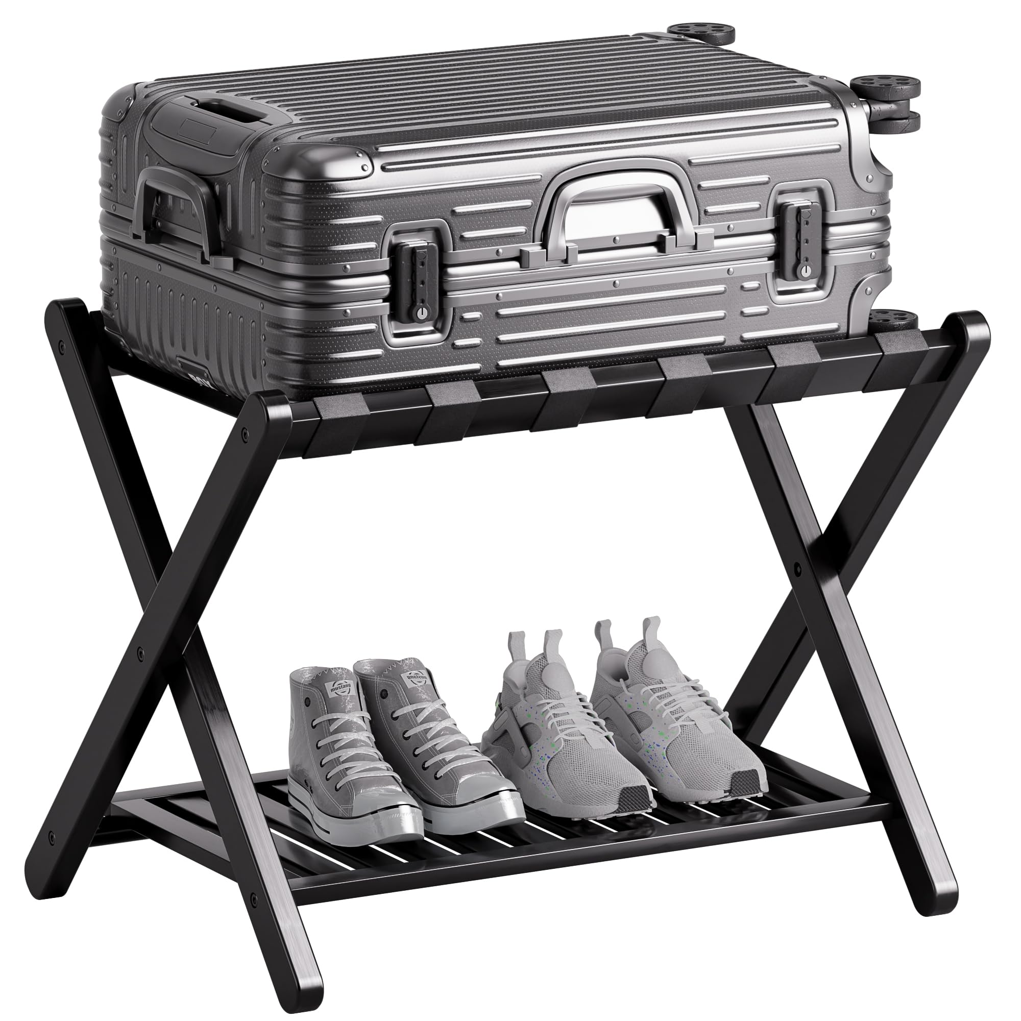 Smibuy Luggage Rack, Foldable Bamboo Suitcase Stand With Storage Shelf For Guest Room, Bedroom, Hotel, Heavy-Duty, 1 Pack (Black