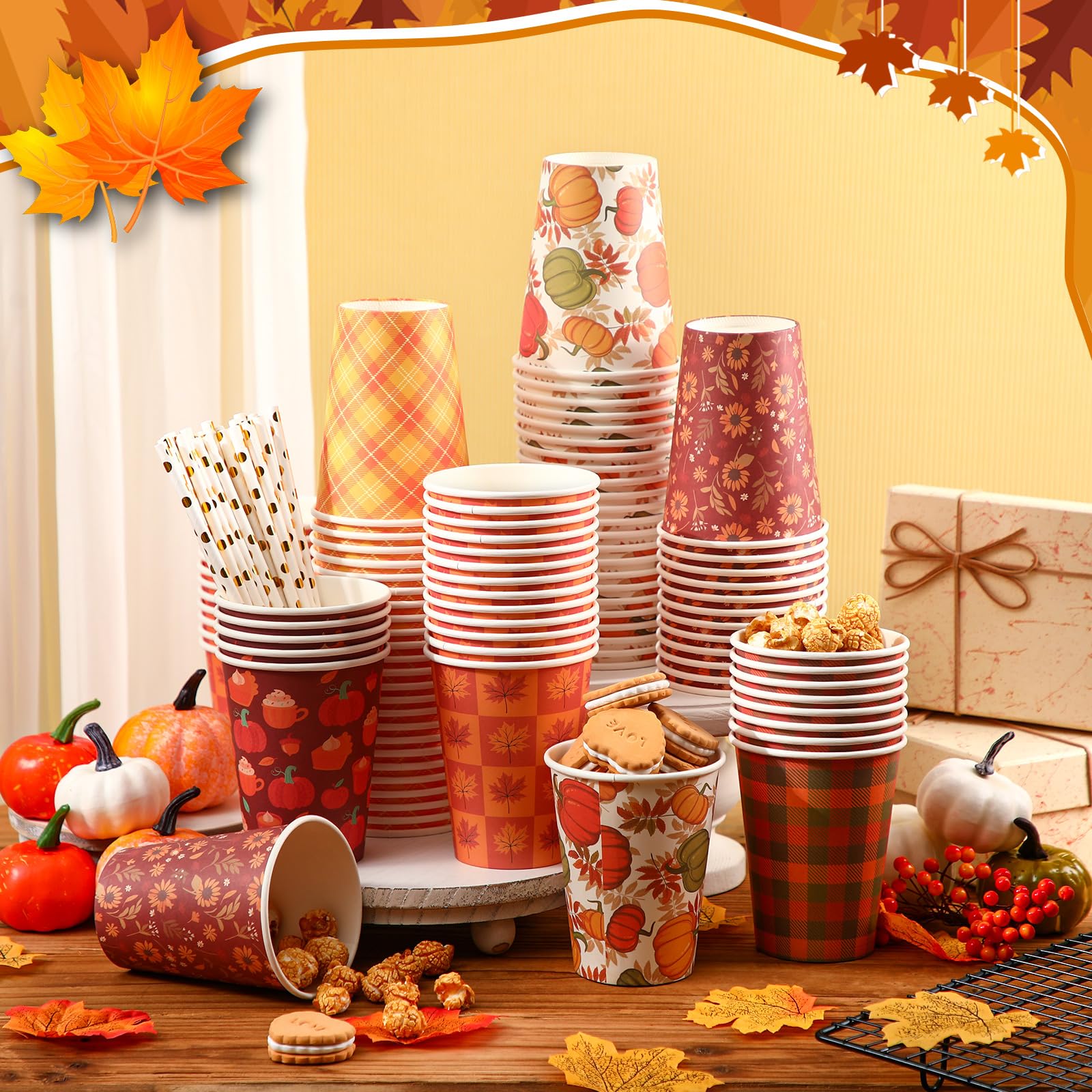 Umigy 150 Pack Thanksgiving Paper Coffee Cups 12 oz Fall Disposable Paper Cups for Thanksgiving Hot Cold Beverage Juice Snack an