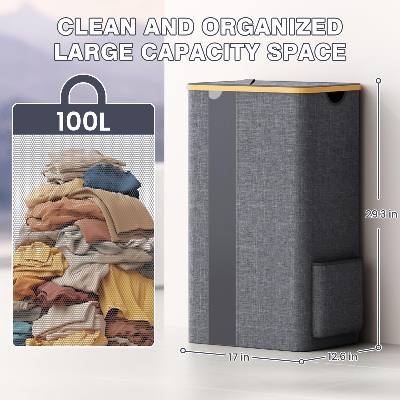 Blisstotes Laundry Basket With Lid, 100L Clothes Laundry Hamper With Handles And Removable Laundry Bag, Breathable Design Hamper