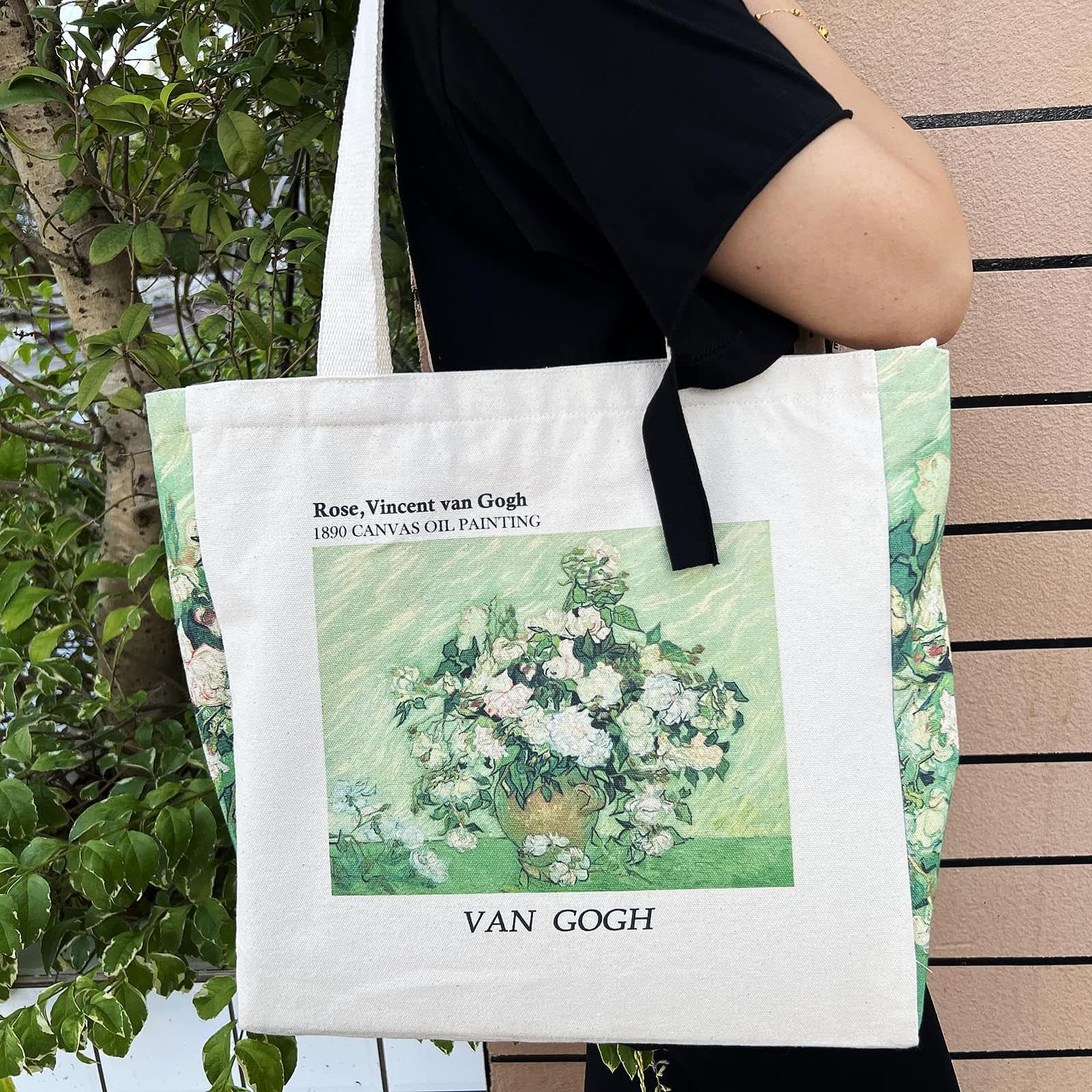 Broadream Canvasaesthetic - Zippered Tote Bag With Interior Pocket By Shoulder For Women Shopping