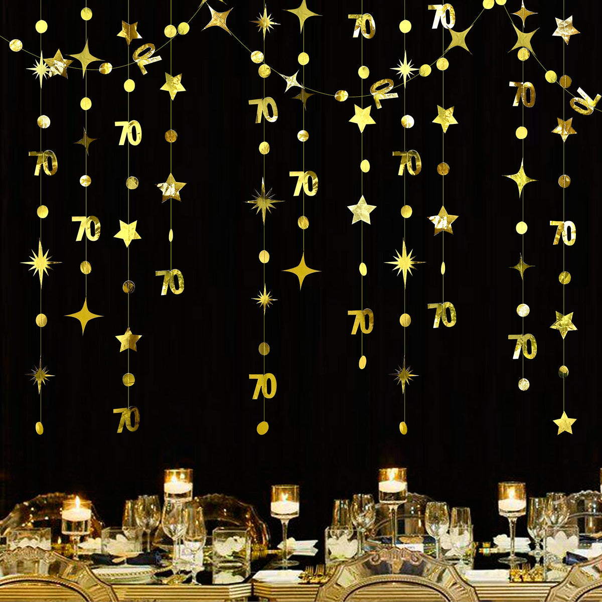 Gold 70Th Birthday Decorations Number 70 Circle Dot Twinkle Star Garland Metallic Hanging Streamer Bunting Banner Backdrop For W