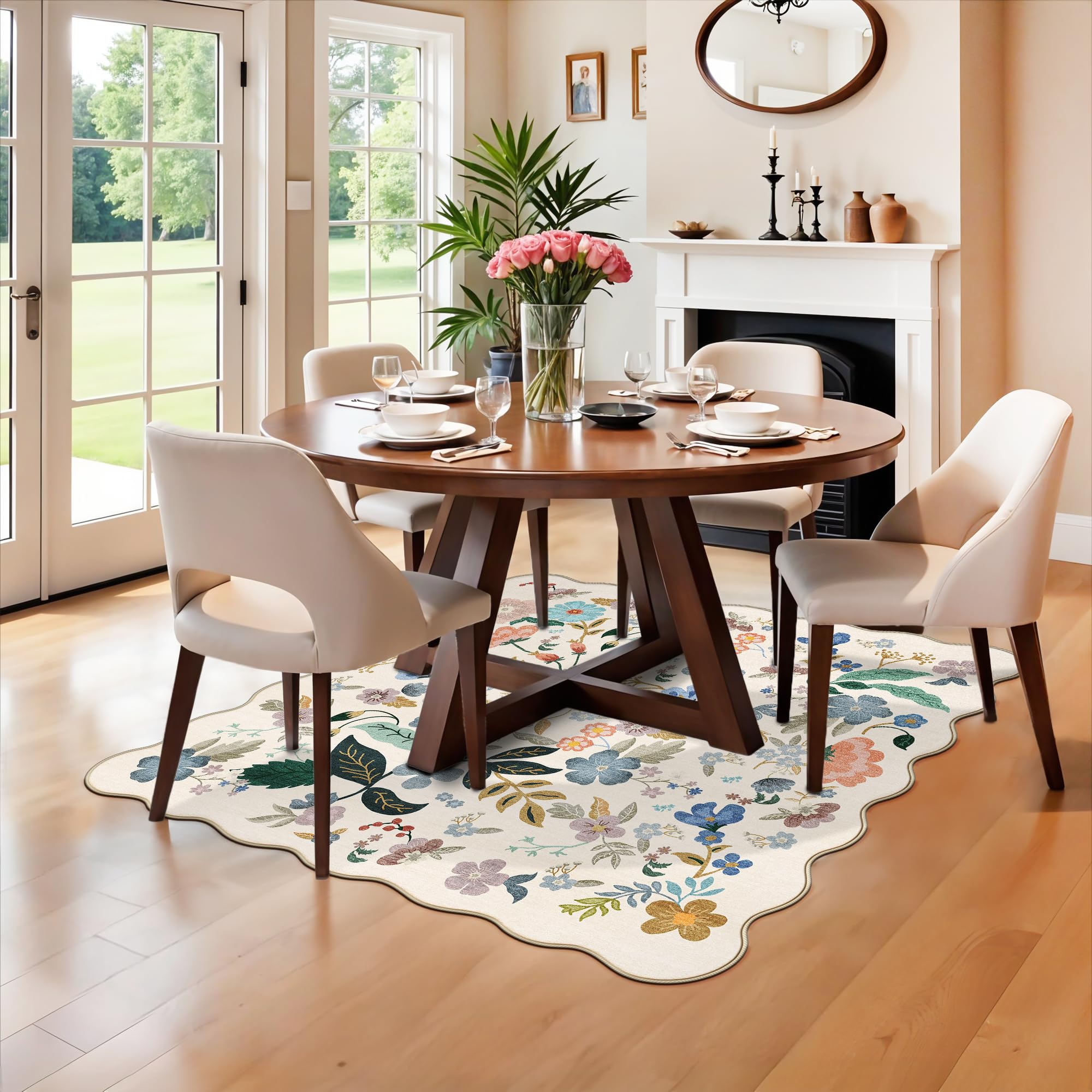 Washable 4x4 Square Area Rug: Floral Scalloped Soft Rugs for Living Room Bedroom Non Slip Bathroom Nursery Floor Mat Water Resis