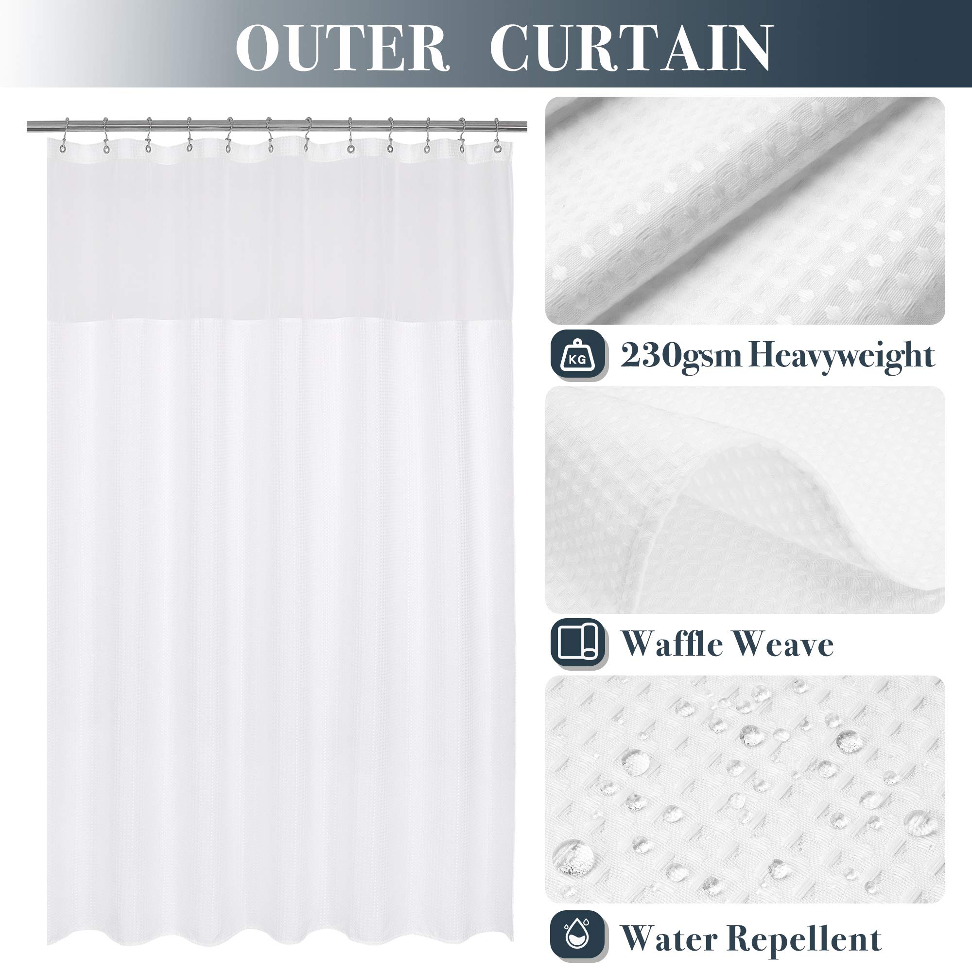 N&Y Home Extra Long Waffle Weave Shower Curtain With Snap-In Fabric Liner Set, 12 White Hooks Included - 71'' X 84'', Hotel Styl