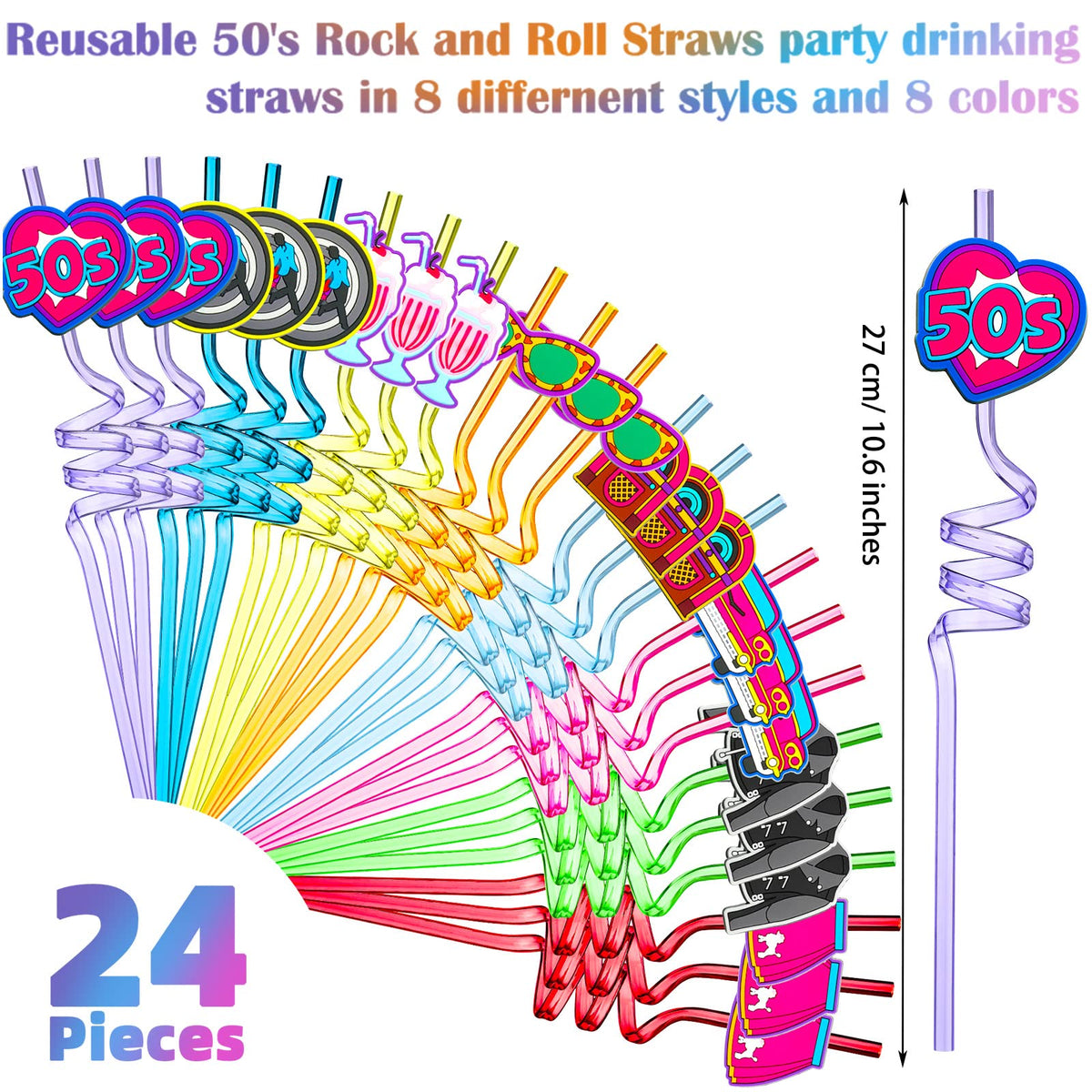 Straws Back Skyley 24 Pieces 50'S Hip Hop Straws Rock Party Drinking Straws 1950'S ...