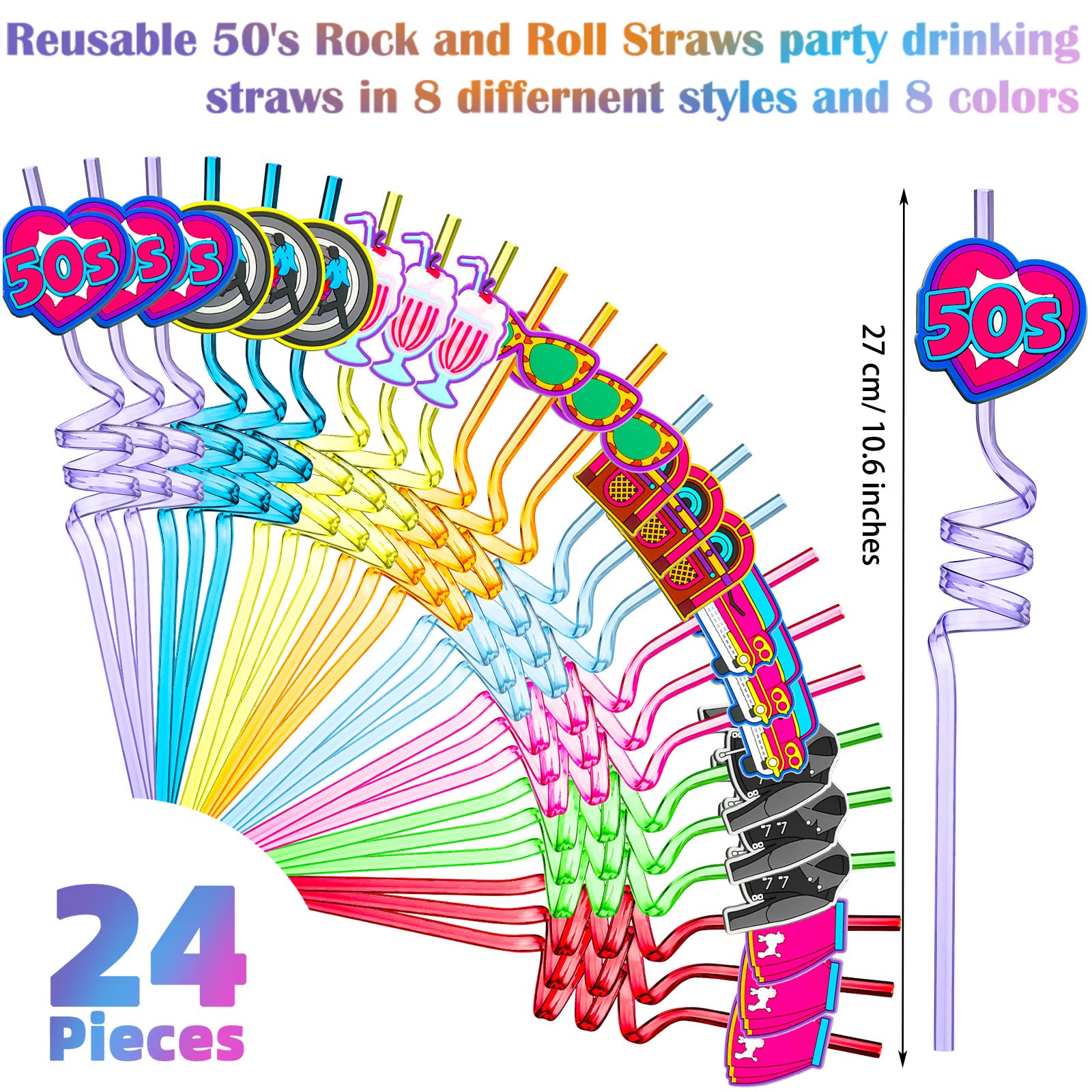 Skyley 24 Pieces 50'S Hip Hop Straws Rock Party Drinking Straws 1950'S Retro Silly Back To Favors For Kids Adults Music Disco Da